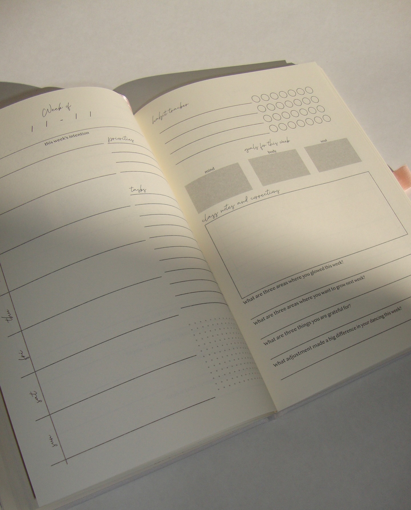 A look inside the Cozy Dancer Journal: the weekly spread
The idea for this journal came from my own need to stay organized while weaving my dance goals into everyday life. Each spread gives you:
☕ space to plan your week and keep track of to-do’s
🌿 a spot for small goals, habit tracking, and class corrections (the key to real progress)
🕊 a gentle reminder of your weekly intention
📖 space to reflect—where you glowed, where you’d like to grow, what you’re grateful for, and a fresh prompt each week to keep your practice inspiring
Created for students, teachers, and dancers at every stage. Made for you.
Shop the Cozy Dancer Journal at cozydancer.com