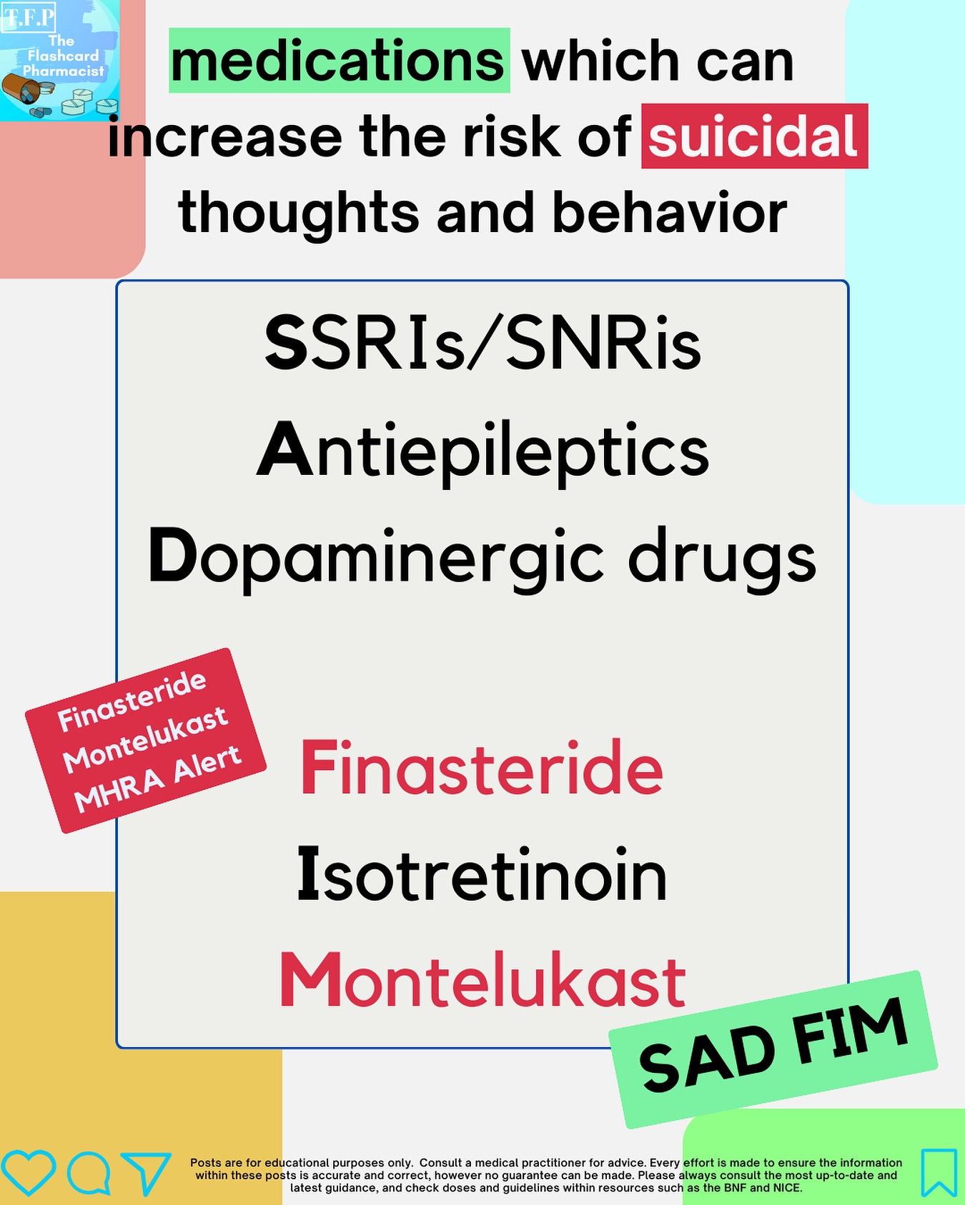 Medicines increasing the risk of suicidal thoughts!
This is one you want to save!
A list of commonly prescribed medications which can increase the risk of suicidal thoughts and behaviour.
There are reinforced reminders from the MHRA about these.
Can you think of any other drugs to add to this list?
Check out the mneumonic cards for even more handy mneumonics!
#pharmacy #pharmacist #foundationpharmacist #pharmacytraining #clinicalpharmacy #reels #explorepage #pharmacyschool #mpharm #pharmd #pharmacology #pharmacologyrevision #foundationdoctor #GPregistrar #GPTraining #pharmacologyschool #revisepharmacology #preregistration #foundationtraining #nursetraining #nursestudent #pharmacystudent #medicinestudent #pharmacyquiz
#futurepharmacist #studentpharmacist #meded