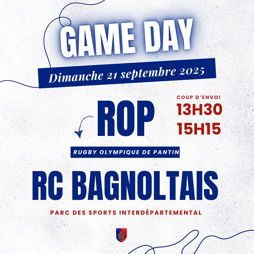 🔥 Match à domicile 🔥
Ce dimanche 21 septembre, le Rugby Olympique de Pantin lance sa saison 💙❤️
👉 Premier match à domicile face au RC Bagnoltais au Parc des Sports Interdépartemental !
📅 Programme :
• Équipe Réserve : 13h30
• Équipe Première : 15h15
On compte sur vous pour venir nombreux et donner de la voix 🎶💪
#rugbypourtous #touspourpantin