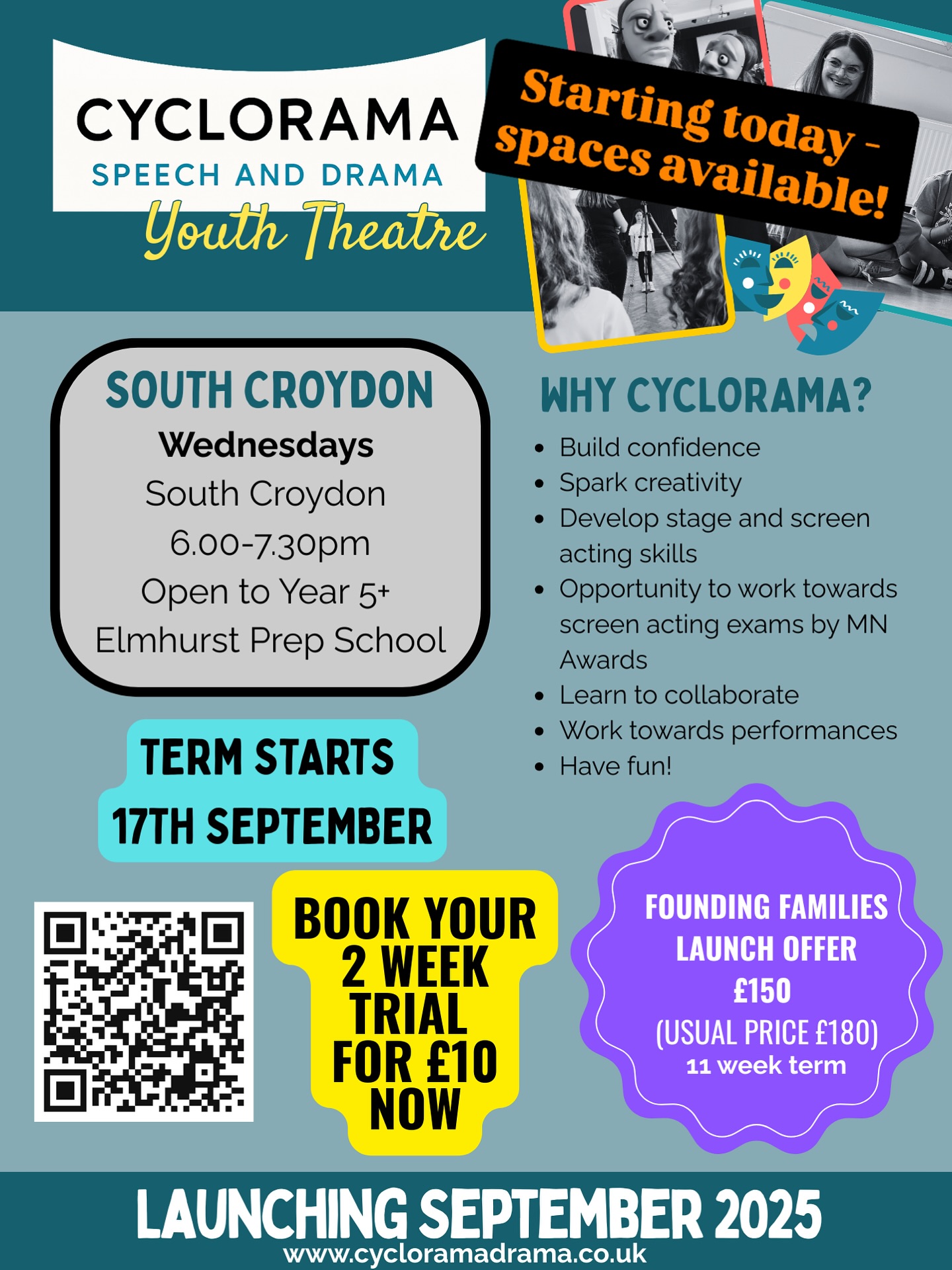 So excited for our first session tonight at Cyclorama Youth Theatre - South Croydon
Delighted to be returning to @elmhurstprep_school to start our new programme of classes for stage and screen acting!
Open to year 5+ with spaces still available - book now at www.cycloramadrama.co.uk