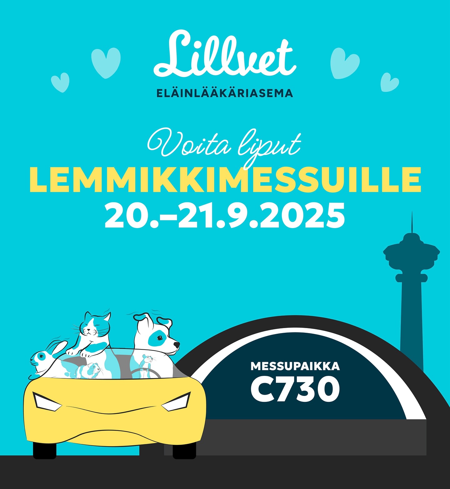 ARVONTAA PUKKAA LEMMIKKIMESSUJEN KUNNIAKSI! 🐶🐱🐭🐹🐰
Lemmikkimessut järjestetään jälleen tulevana viikonloppuna Tampereen Messukeskuksessa ja Lillvet on myös mukana messupaikalla C730.
ARVOMMEKIN NYT 30kpl ILMAISLIPPUJA LEMMIKKIMESSUILLE!
Kommentoi tähän postaukseen, kenet ottaisit mukaan messuille ja voit voittaa 2kpl lippuja itsellesi! 🎊
Kilpailuaika on to 18.9.2025 klo 12:00 asti ja arvonta suoritetaan sen jälkeen. Voittajille ilmoitetaan vastaamalla tämän postauksen kommenttiin ja liput toimitetaan sähköpostitse pe 19.9.2025 klo 15:00 mennessä. Voittajien tulee toimittaa yhteystietonsa tähän mennessä arvonnan järjestäjälle, annettujen ohjeiden mukaan. Facebook tai Instagram ei ole osallisena arvontaan tai palkintojen luovuttamiseen millään tavalla.