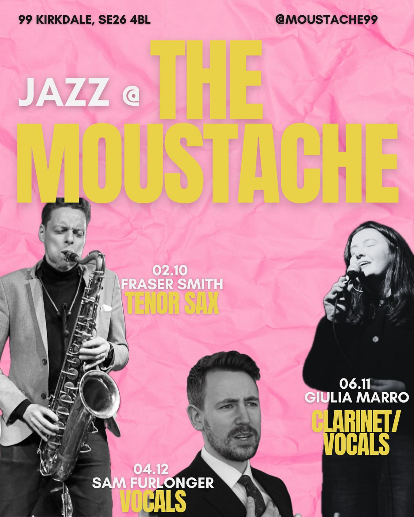 Jazz at the moustache is back! Three great gigs left this year. Keep an eye on @themoustache99 instagram for ticket announcements. 2nd October available now!!
.
2nd Oct - Fraser Smith - sax
6th Nov - Giulia Marro - clarinet/ vocals
4th Dec - Sam Furlonger - vocals