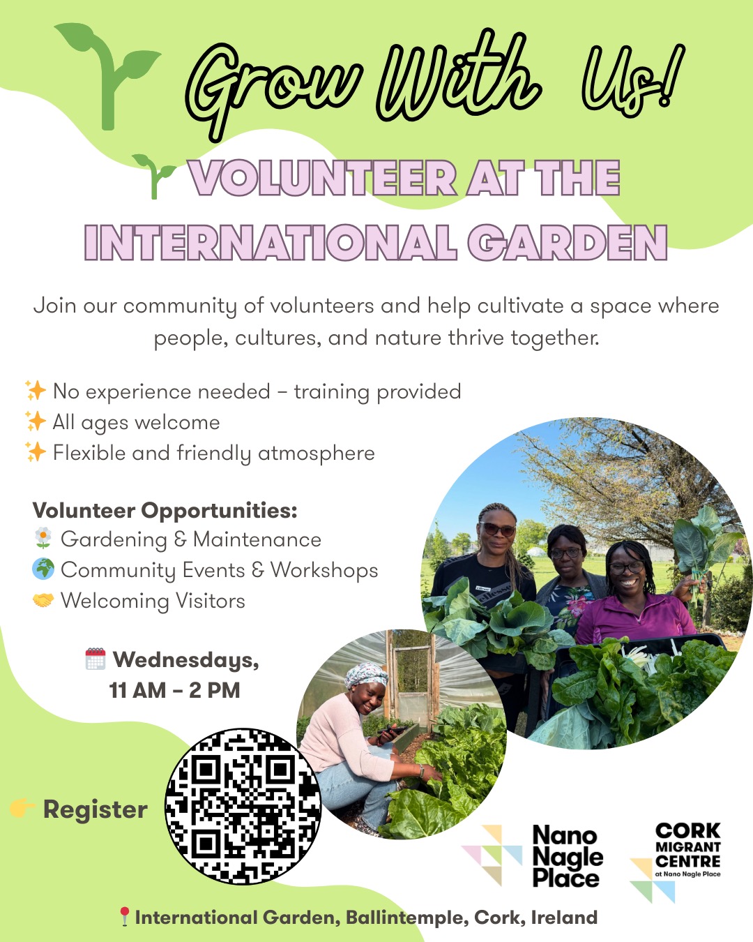 🌱 Grow With Us! 🌱
Volunteer at the International Garden
Join our community of volunteers and help cultivate a space where people, cultures, and nature thrive together.
✨ No experience needed – training provided
✨ All ages welcome
✨ Flexible and friendly atmosphere
Volunteer Opportunities:
🌼 Gardening & Maintenance
🌍 Community Events & Workshops
🤝 Welcoming Visitors
📍 International Garden
🗓 Wednesdays, 11 AM – 2 PM
👉 Register Now: https://www.corkmigrantcentre.ie/volunteerapplicationinternationalgarden