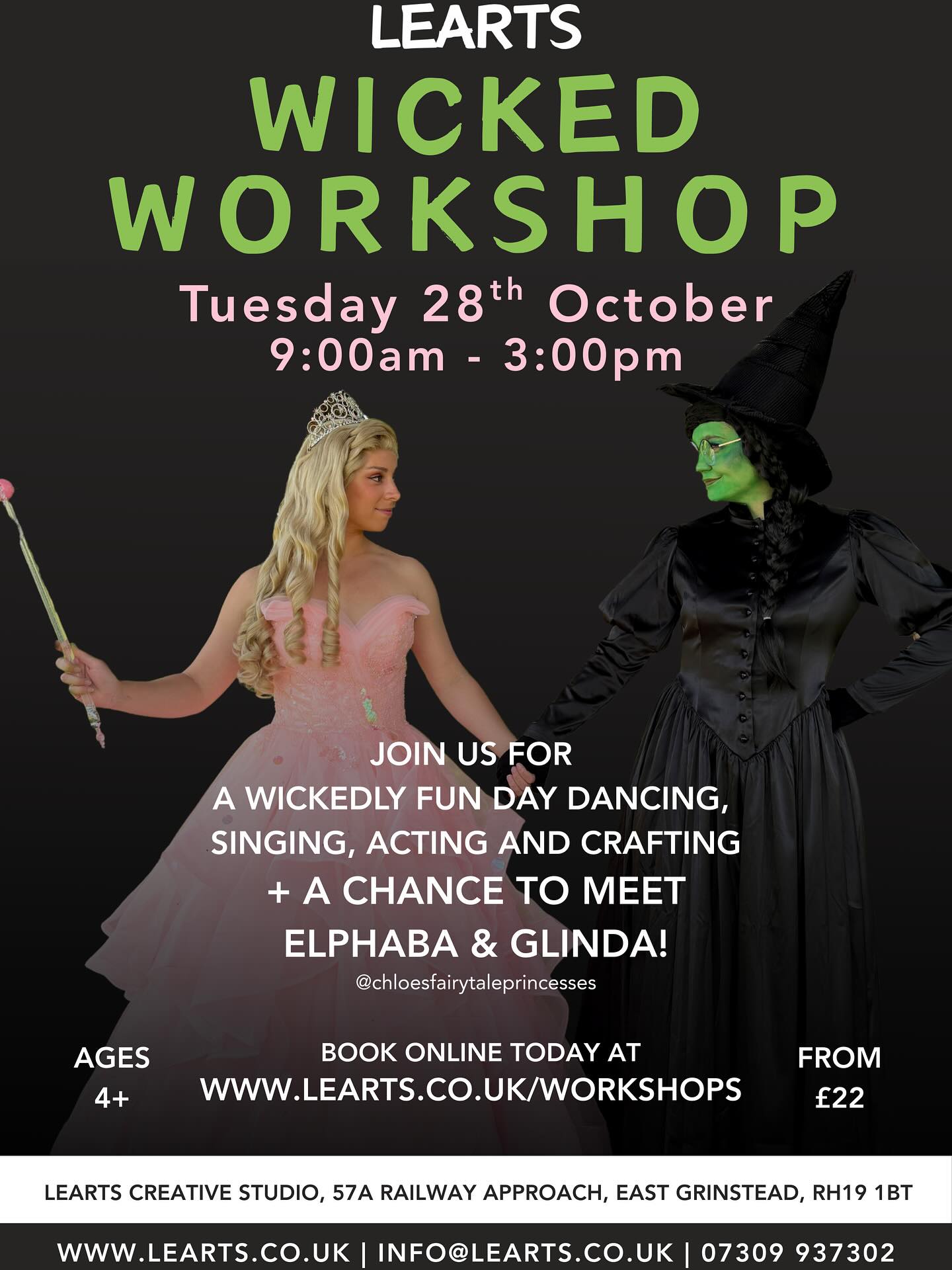 Our first Halloween workshop is here… and it’s WICKED! 💚💖
Join us for a spellbinding day of dancing, singing, acting & crafting PLUS a chance to meet Elphaba & Glinda!