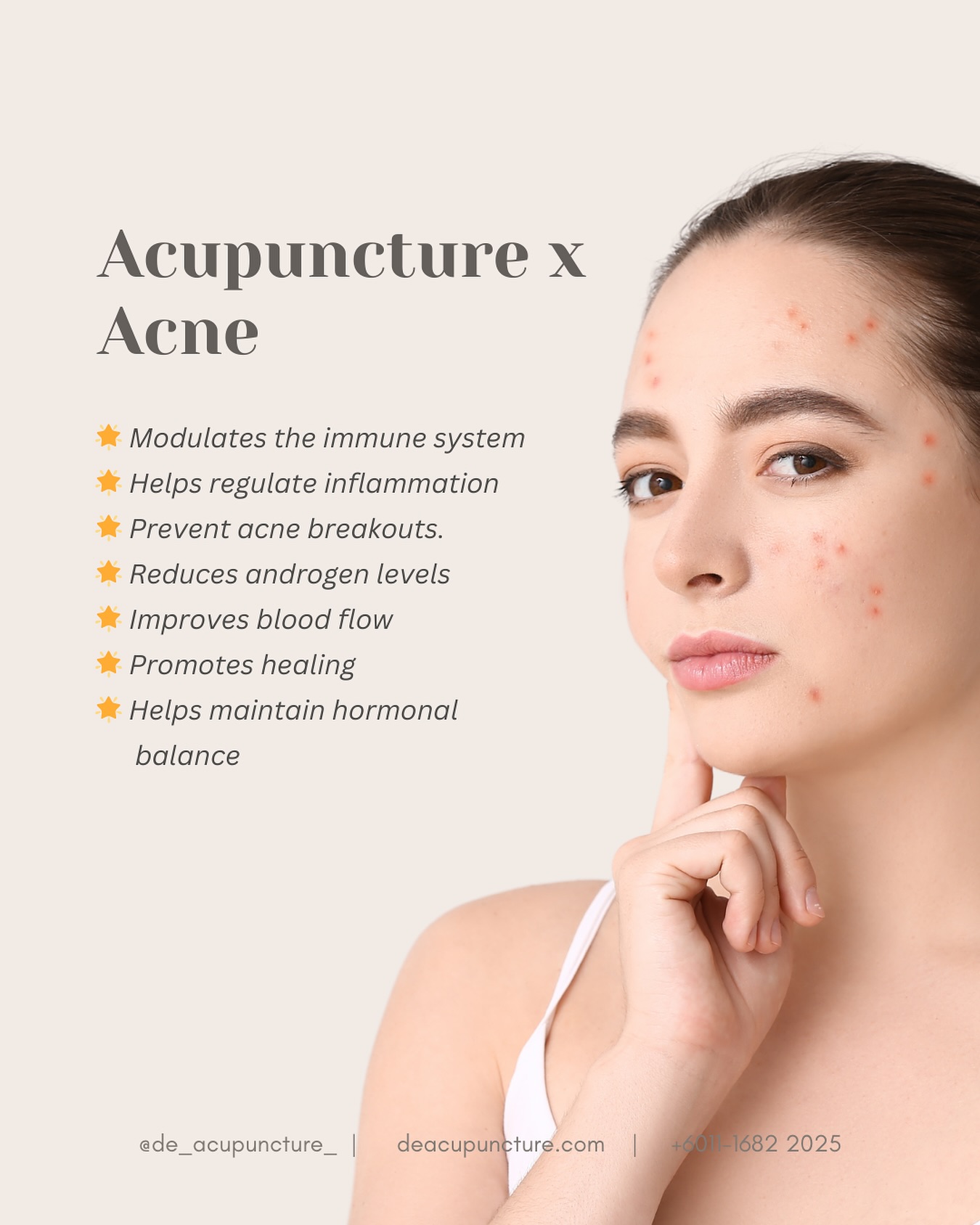 Tired of battling acne? Acupuncture might be the secret weapon you’ve been looking for.
How can acupuncture help with acne?
⭐ Balancing Hormones:
Acupuncture can help regulate hormones, which can be a major factor in acne.
⭐ Reducing Inflammation:
It can reduce inflammation and redness associated with acne.
⭐ Improving Blood Circulation:
Increased blood flow can promote healing and reduce scarring.
⭐ Calming the Mind:
Acupuncture can help reduce stress, which can exacerbate acne.
Ready to clear your skin and boost your confidence?
Consult with a qualified acupuncturist to discuss a personalized treatment plan.
_
#traditionalchinesemedicine #中医 #tcm #wellness #health #mindfulness #selfcare #malaysia #KL #PJ #de_acupuncture_ #医心医意中医坊
#DeAcupuncturexHerbsCentre
//
👩🏻⚕️医心医意中医坊
De Acupuncture x Herbs Centre
🇲🇾Certified TCM Practitioners
📣Appointment only, no walk-ins
📍Subang Jaya USJ 1 诊所
🈺Tue-Sat 9am-6pm
☎️WhatsApp 011-1682-2025
🌐deacupuncture.com
