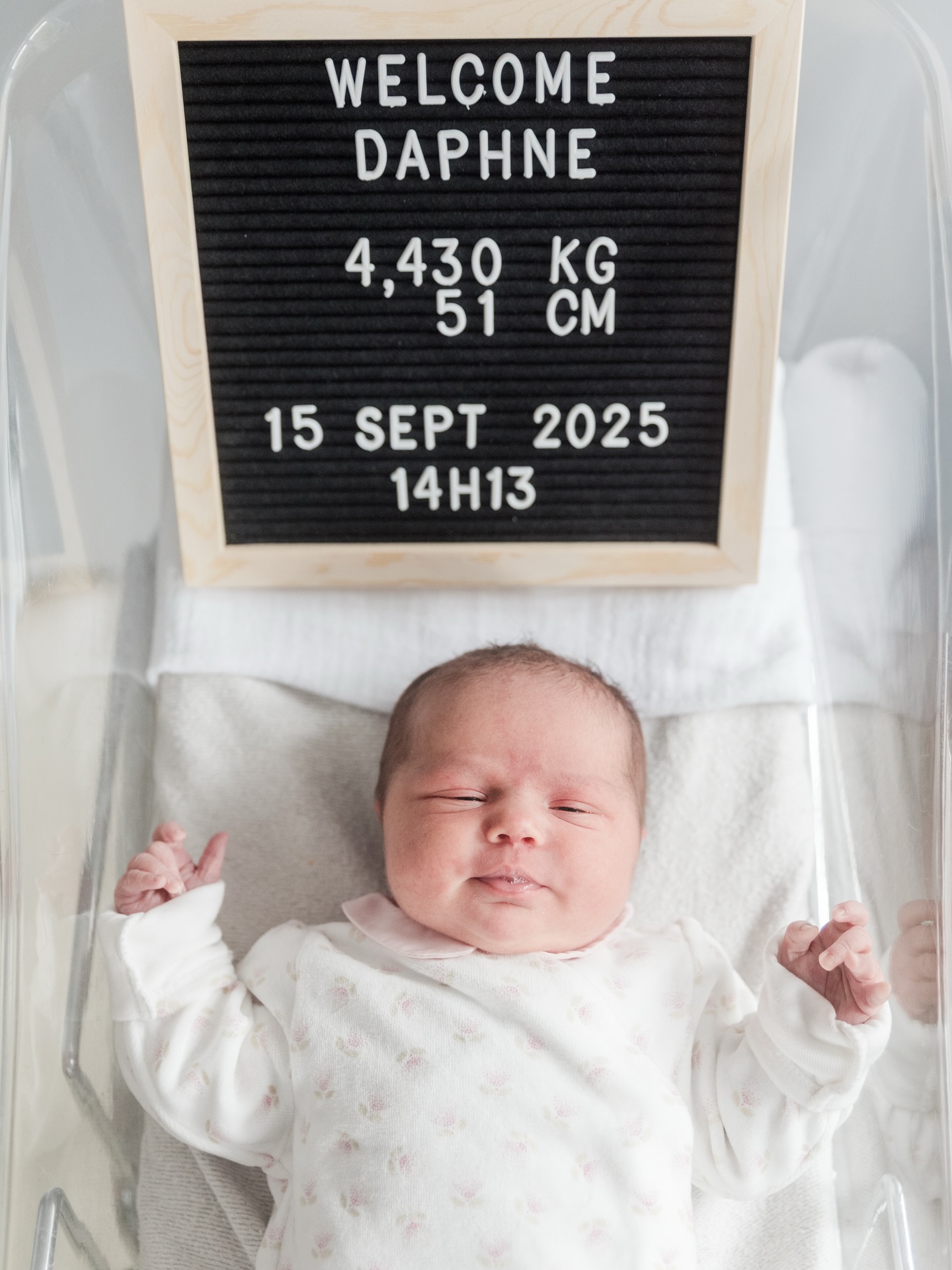 ✨ Welcome to the world, Daphné ✨
Our little wonder arrived on September 15, 2025 at 2:13 PM, delivered by c-section.
She’s 51 cm long and weighed in at 4.430 kg—already full of charm and strength.
Our hearts are overflowing with love and gratitude for this incredible gift of life.
Thank you to everyone who has surrounded us with kind thoughts and support.