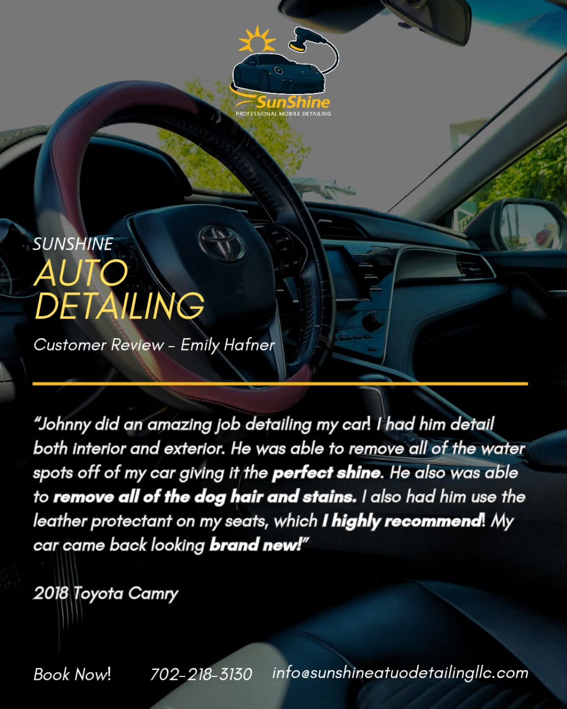 ✨ Nothing sells better than results you can see and a customer who’s thrilled with them.
Emily trusted me with her Toyota Camry, and here’s what she had to say:
✅ Water spots? Gone.
✅ Dog hair & stains? Removed.
✅ Leather protected & refreshed.
This is more than detailing — it’s about giving your car the professional care it deserves and making it feel brand new again.
📲 Ready for results like this? Send me a DM to book your detail today.