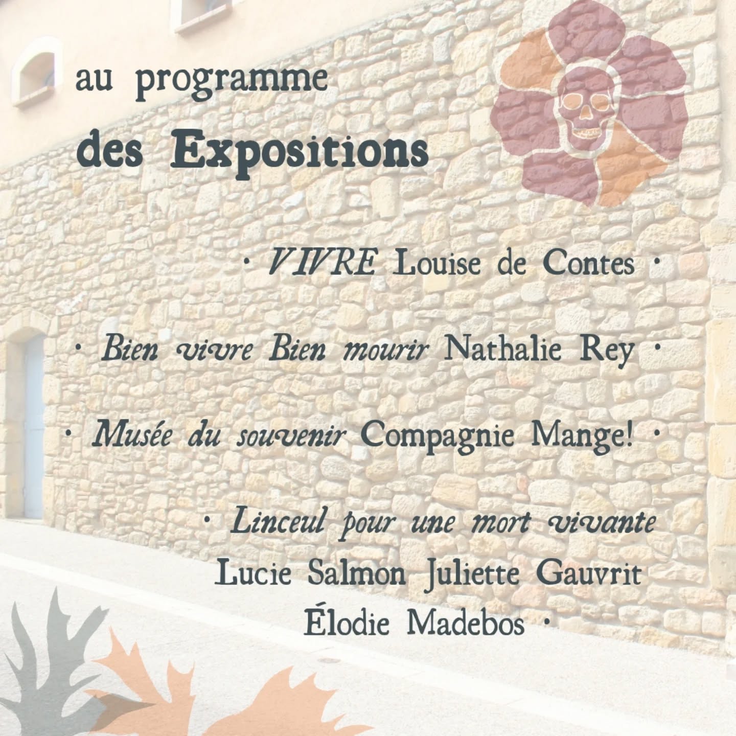 💀🔥✨L'art s'invite au festival • À la mort À la vie • avec des expositions visibles du 31 octobre au 2 novembre à St-Felix-Lauragais.
venez admirer l'expression des artistes qui se sont penchés sur la mort. Que peut-on voir, quelle forme prend la mémoire, la réflexion, le deuil ?
Nous aurons le plaisir d'accueillir l'artiste Louise de Contes et son exposition "VIVRE", mais aussi l'artiste Nathalie Rey avec "Bien vivre, bien mourir", la compagnie mange ! Et son exposition "le musée du souvenir" ainsi que les artistes Juliette Gauvrit Élodie Madebos et Lucie Salmon avec leur œuvre commune "Linceul pour une mort vivante".
Vous êtes curieux ? Venez voir ce qui ce trame sur notre site 🏵️💀
🏵️ Découvrez le programme complet : https://www.alamort-alavie.fr/programmeagenda
🎟️ Prenez votre place ici : https://www.helloasso.com/associations/ad-mortem/evenements/festival-a-la-mort-a-la-vie-1
(Tous les liens sont disponibles en bio)
#exposition #alamortalavie #celebrerlavie #Festival #lamort #expression #art #automne #cestbientot