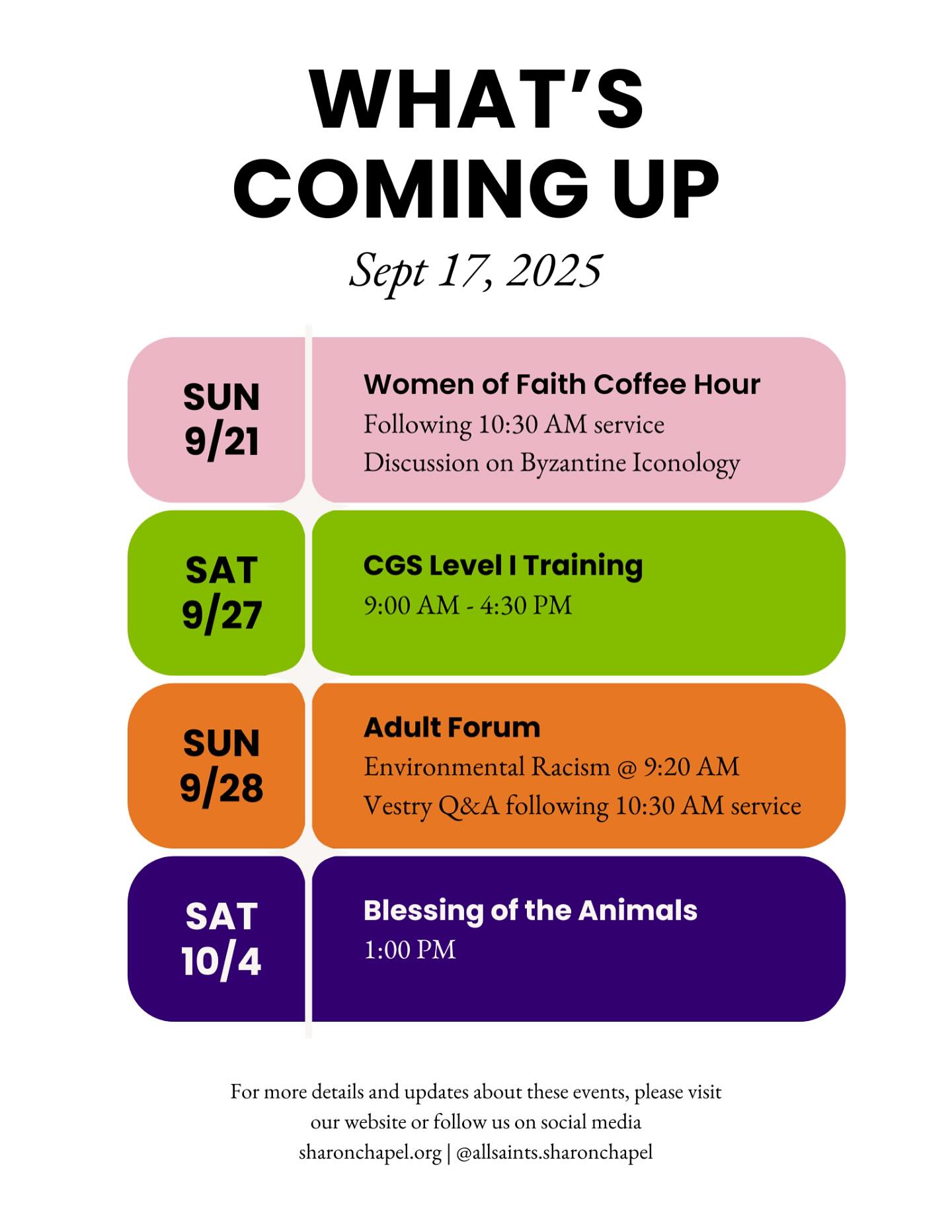 What’s coming up at All Saints? A lot! Mark your calendars for these upcoming events. For details, please see link in profile to subscribe to our newsletter. Happy Wednesday!