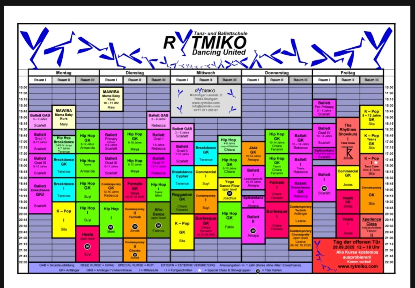 Neuer Stundenplan – neue Energie!
>
Unser Stundenplan hat ein Update bekommen – mit einigen spannenden Änderungen!
Schaut unbedingt vorbei und prüft, ob sich etwas an euren gewohnten Kurszeiten geändert hat. Wir freuen uns auf euch!
~~~~~~~~~~~
#danceschool #rytmiko #stuttgart #0711 #dancingunited #danceclasses #dancerslife #dance #dancers