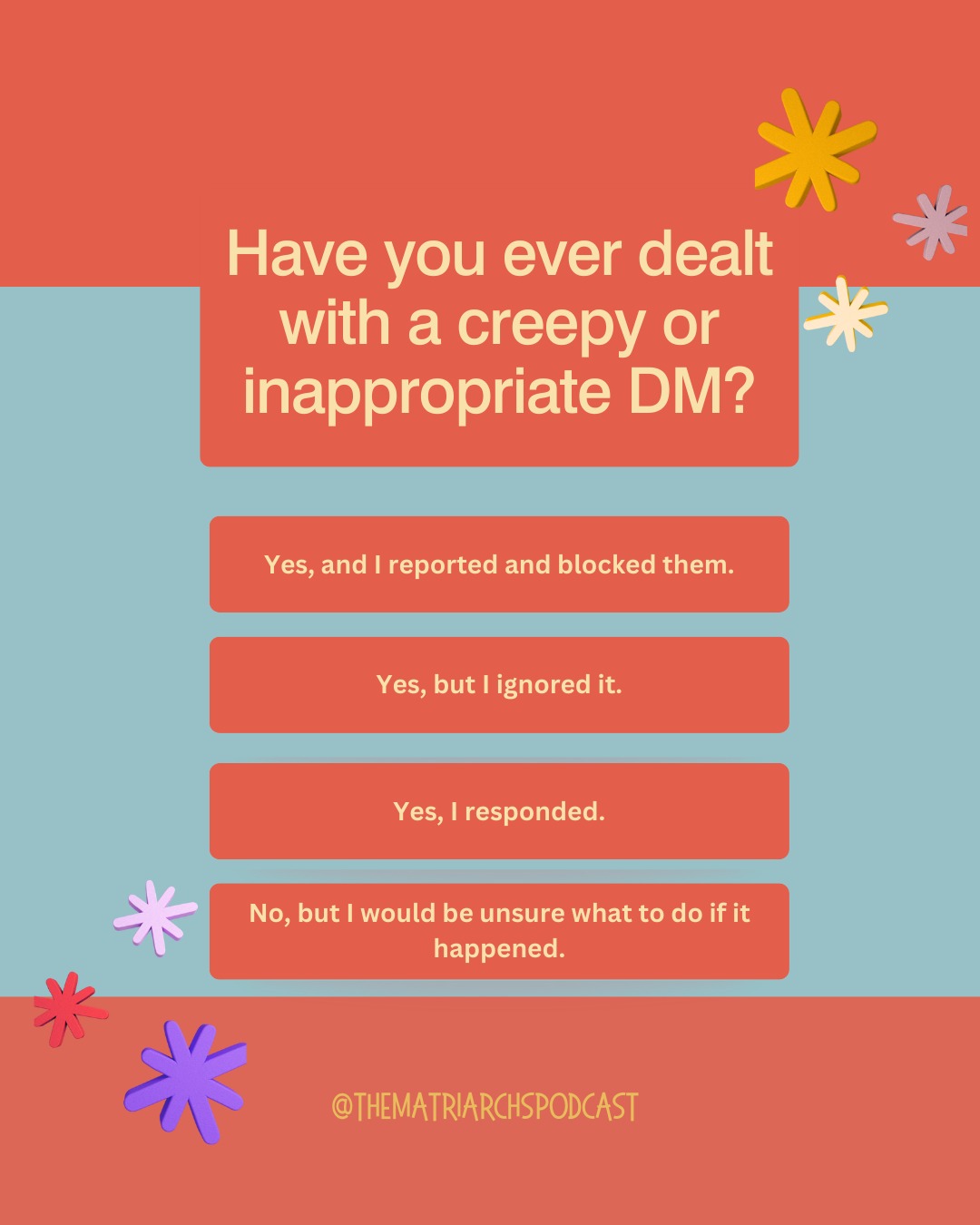 Have you dealt with a creepy or inappropriate DM? Episode 14 shares just how to deal with that, but we would love to hear what you did, if you received one?
#thematriarchspodcast #OnlineSafety #InternetAwareness #TheMatriarchs