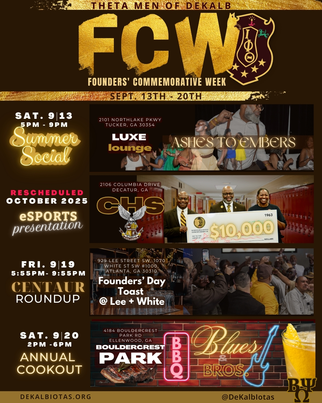 Founders’ Commemorative Week is in progress. The #EndofSummerSocial went down this past Saturday, and the eSports presentation/donation has been rescheduled for October.
This Friday we’re linking at Lee + White in Southwest Atlanta for the #CentaurRoundUp to celebrate #FoundersDay. If you arrive early, pull up at the Box Car - after that, we'll be Centaur Walking all over the place.
Saturday we finish the week with our Annual Cookout: BBQ, Blues & Bros, at Bouldercrest Park from 2 to 6 pm.
#DeKalbIotas #BPOLeadsTheWay #IPT1963