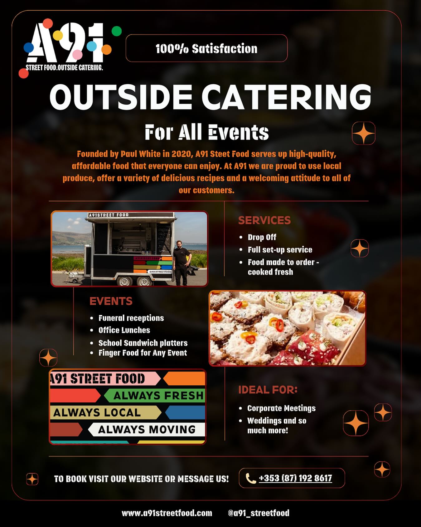 Need outside catering for an event?
A91 Street food has got you covered for any occasion!
Funeral receptions
Corporate Lunches
School sandwich platters
Finger Food for Any event
From simple drop-off to full set-up service, we make catering easy, fresh, and stress-free.
Now taking bookings — DM us or visit www.A91streetfood.com to find out more 🙌🏻
#outsidecatering #funeralcatering #corporatelunch #schoolcatering #Sandwichplatters #fingerfood #a91streetfood