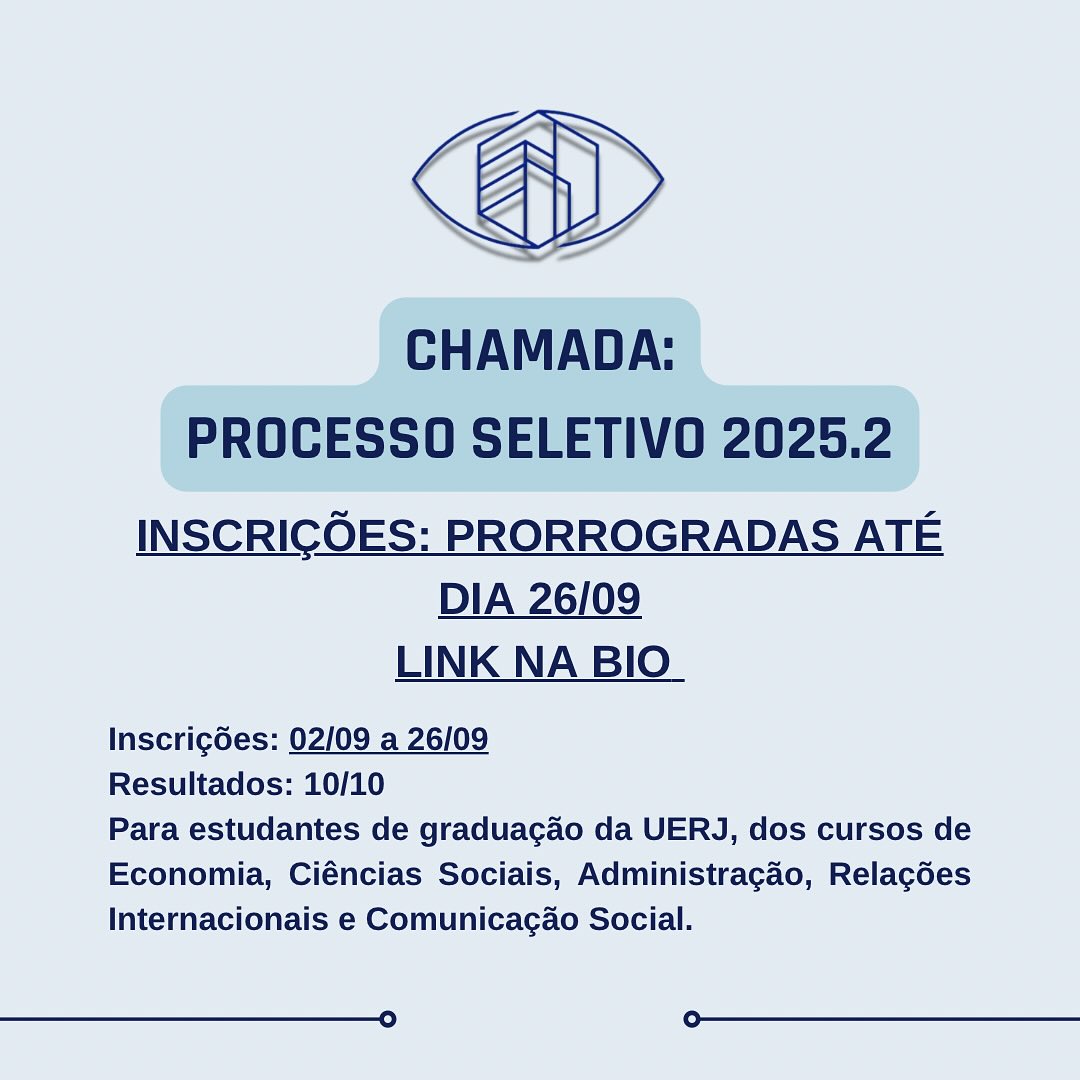 O processo seletivo do Observatório de Bancos Centrais (OBC/UERJ) irá prorrogar o prazo de inscrições para o dia 26.
Venha fazer parte do OBC/UERJ e inscreva-se no link da bio!