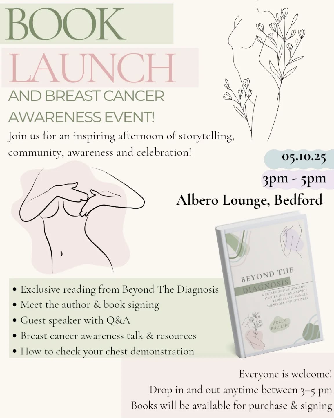 ✨ Save the Date! ✨
I’m so excited to invite you to the launch of my book Beyond The Diagnosis
Join me for an afternoon of celebration, connection, and breast cancer awareness
📅 5th October
🕒 3–5 PM (drop in anytime!)
📍 Albero Lounge, Bedford
Everyone is welcome — I can’t wait to see you there! 💖
#lifeaftercancer #BookComingSoon #breastcancercommunity #breastcancerawareness #breastcancersupport #positivebreastcancerstories #secondarybreastcancer #primarybreastcancer #breastcancer #breastcancerunder40 #breastcancerunder30 #breastcancerthriver #positivity
