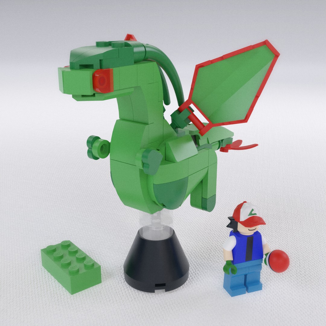 I set out to recreate the popular Pokémon Flygon at a minifigure scale using only existing LEGO bricks.
I had the choice of either slightly altering Flygon’s original colors or working with an extremely limited selection of parts. I thought I had managed fairly well until I discovered that part 65426 does not have a bright green mirrored version, something that almost never happens in LEGO. This left me without options for the wings.
The best solution I found was to use windscreen part 27262, which is available in both the correct bright green and in red. Ideally, a green sticker would be applied on the inside, as shown in the picture.