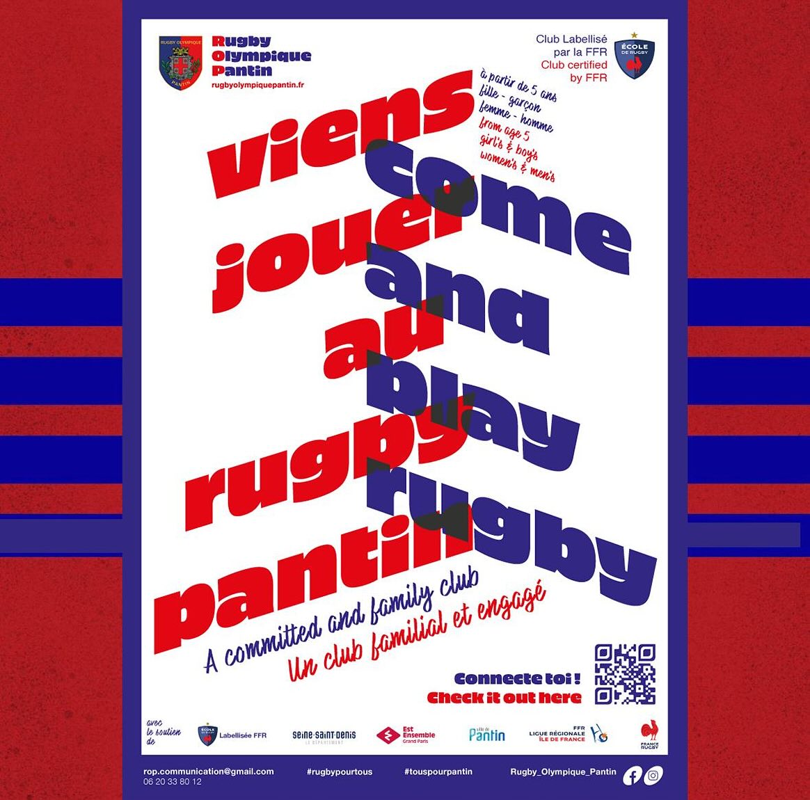Rejoins le ROP ! 🏉
Tu cherches un sport où la combativité se mêle à la convivialité ?
Au club de rugby de Pantin, nous t’attendons pour partager bien plus qu’un simple jeu : une véritable famille.
👉 Ici, chaque entraînement est un défi pour progresser, se dépasser et développer l’esprit d’équipe.
👉 Sur et en dehors du terrain, nous cultivons la solidarité, le respect et l’entraide.
👉 Que tu sois débutant(e) ou joueur(se) confirmé(e), tu trouveras ta place dans un groupe motivé, compétitif… et toujours prêt à partager un bon moment après l’effort.
💥 Viens vivre la passion du ballon ovale dans un esprit familial !
✍️ Écris-nous en DM pour plus d’infos !
#rugbypourtous #touspourpantin
