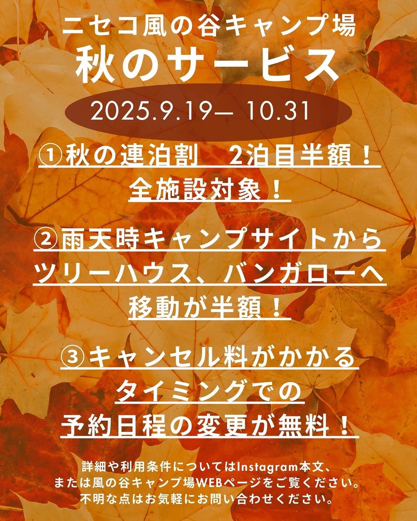 期間限定!!秋のサービスのお知らせ!!
対象期間:2025年9月19日〜10月31日まで
いつもニセコ風の谷キャンプ場をご利用いただき誠にありがとうございます。
秋のシーズンも楽しんでいただけるサービスをご用意して皆様のお越しをお待ちしております。
①秋の連泊割 2泊目半額!全施設対象!
せっかくニセコまでキャンプに来たら連泊したいという声にお応えして、2泊目のサイト利用料金が半額になります。
キャンプサイトだけでなく、なんとツリーハウスもバンガローも全施設対象です。
※最大3泊まで対象(1泊目→通常料金、2泊目→半額、3泊目→半額)
※入場料は通常通り1泊あたり、大人800円、小中学生500円、幼児300円かかります。
※チェックイン受付時にお客様よりキャンペーン利用希望とお伝えいただいた場合のみ対象となります。
②雨天時キャンプサイトからツリーハウス、バンガローへ移動が半額!
貴重な休日を雨のせいで台無しにしたくない!
キャンプサイトを予約していて、ご来場時に雨天だった場合、もしくは利用中に雨予報がでている場合に空いているツリーハウス、バンガローが通常料金の半額で利用可能です。
※先着順でチェックイン時に空いている場合に限ります。事前にメール、電話などで移動の予約をすることはできません。
※13時より前のチェックインにはアーリーチェックイン料金がかかります。
※チェックイン受付時にお客様よりキャンペーン利用希望とお伝えいただいた場合のみ対象となります。
③キャンセル料がかかるタイミングでの予約日程の変更が無料!
お客様都合でのキャンセルの場合、1週間前から50%、当日は100%のキャンセル料がかかっていますが、今期中の別日程への予約変更であれば無料にて対応いたします。
※変更可能な別日程は2025年10月31日チェックアウト分までです。
※別日程に変更する場合は、同じサイトでなくてもOKです。
※お客様より受付フォーム、もしくは電話にて予約変更のご連絡をいただく必要があります。
ご不明な点はお気軽にお問い合わせください。
皆様のご利用をお待ちしています。