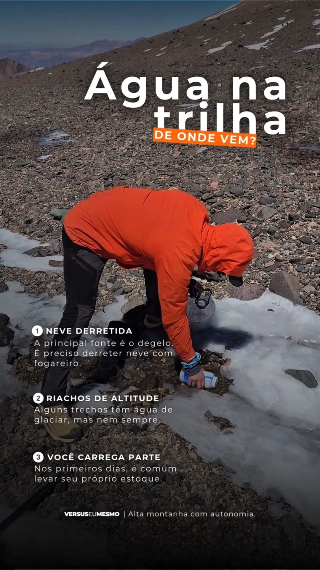 💧 Em montanhas como o Mercedário, a água vem do degelo — e isso exige planejamento.
Você vai derreter neve, coletar água de riachos ou até carregar parte do que precisa.
Mas atenção: toda água deve ser tratada ou fervida, mesmo a mais cristalina.
A altitude cobra preparo. E a hidratação segura faz parte dele.
📌 Salva esse post pra não esquecer disso na próxima expedição.
#cerromercedario #altamontanha #versusexpedições #autossuficiencia #dicapramontanha
