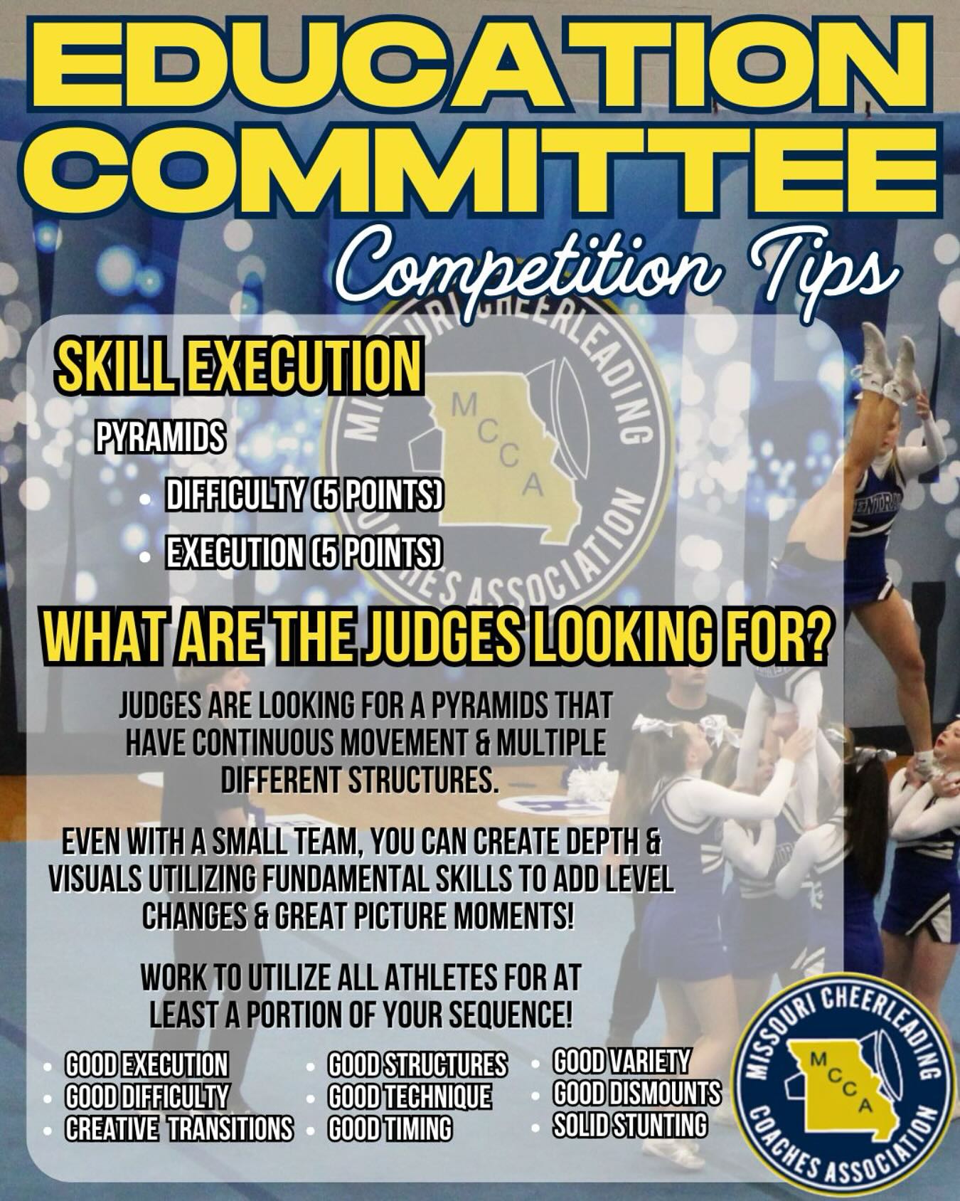 Another competition tip coming your way!
Pyramids are such a unifying moment in your routine for athletes and spectators! Keep the utilizing lower level skills to increase pace, complete pictures and ramp up slow sections!
We are so excited for #MCCARegionals coming up!!
#educationcommitteeexplains #mcca #mocheer #competitioncheer #kcregionals #stlregionals #missouricheercoaches