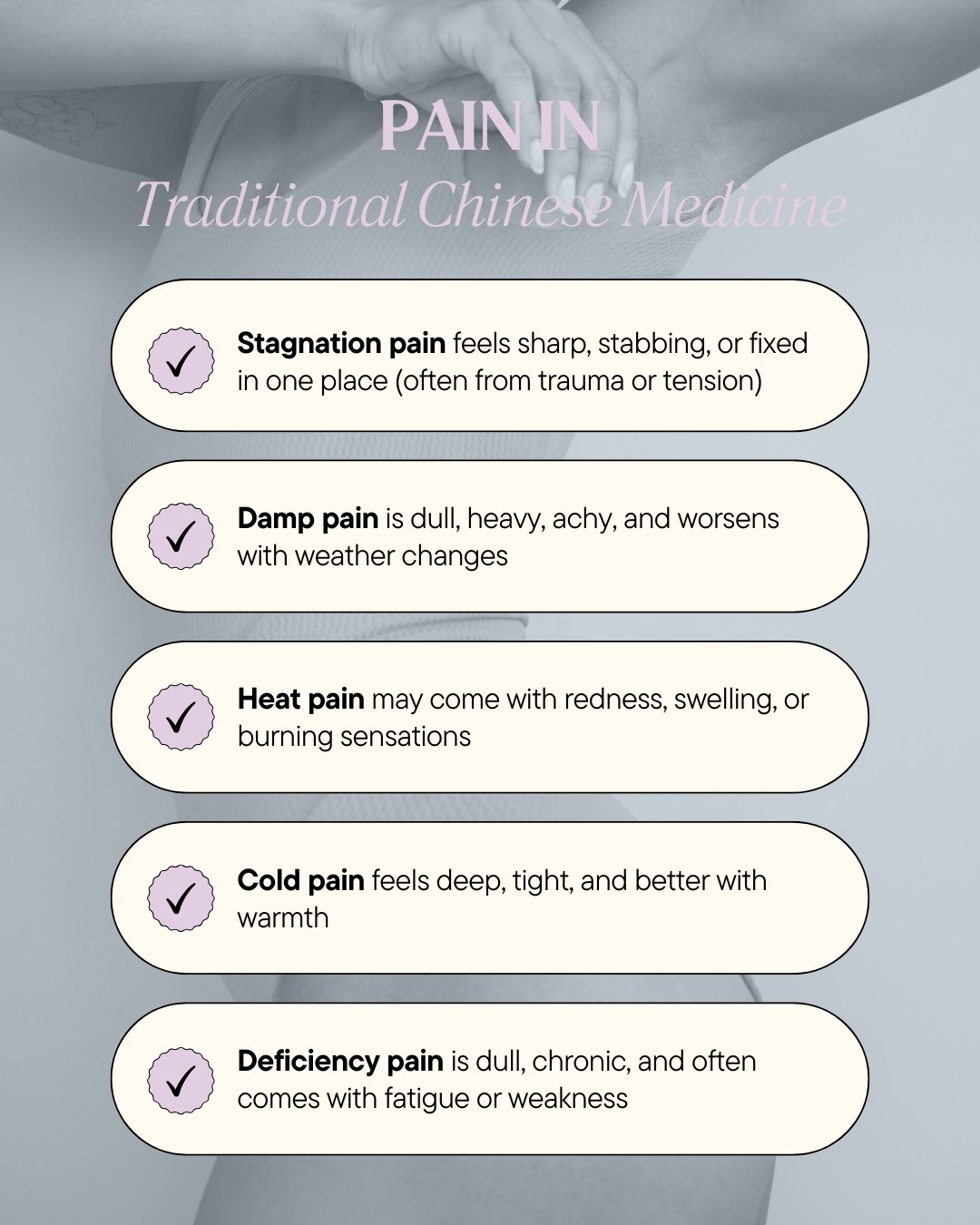 Pain is your body’s way of asking for change — acupuncture helps you listen and respond. Pain isn’t just a symptom — it’s a message. In TCM, we look deeper to understand what your body is really trying to say.
In Traditional Chinese Medicine, pain is seen as a blockage — a disruption in the smooth flow of Qi and blood. Where there's free flow, there's no pain. But when flow is obstructed, pain arises.
Not all pain is the same — and TCM recognizes this, as per the picture attached. Each type tells a story — not just about the tissues involved, but about your overall constitution, lifestyle, and emotional landscape. In TCM, we don’t just chase the symptom — we treat the root cause and the whole person.
✨ Acupuncture works by:
- Releasing tight muscles
- Improving circulation
- Calming the nervous system
- Reducing inflammation
- Supporting the body’s self-healing response
Pain is not just a nuisance — it’s your body’s language of imbalance. And when we treat pain with presence and purpose, the whole system begins to shift.
Whether your pain is new or something you’ve carried for years, acupuncture can help untangle the layers. Book a session and begin the process of relief — with compassion and care.
#PainInChineseMedicine #AcupunctureForPainRelief #ListenToYourBody #QiAndBloodFlow #HealingThroughBalance