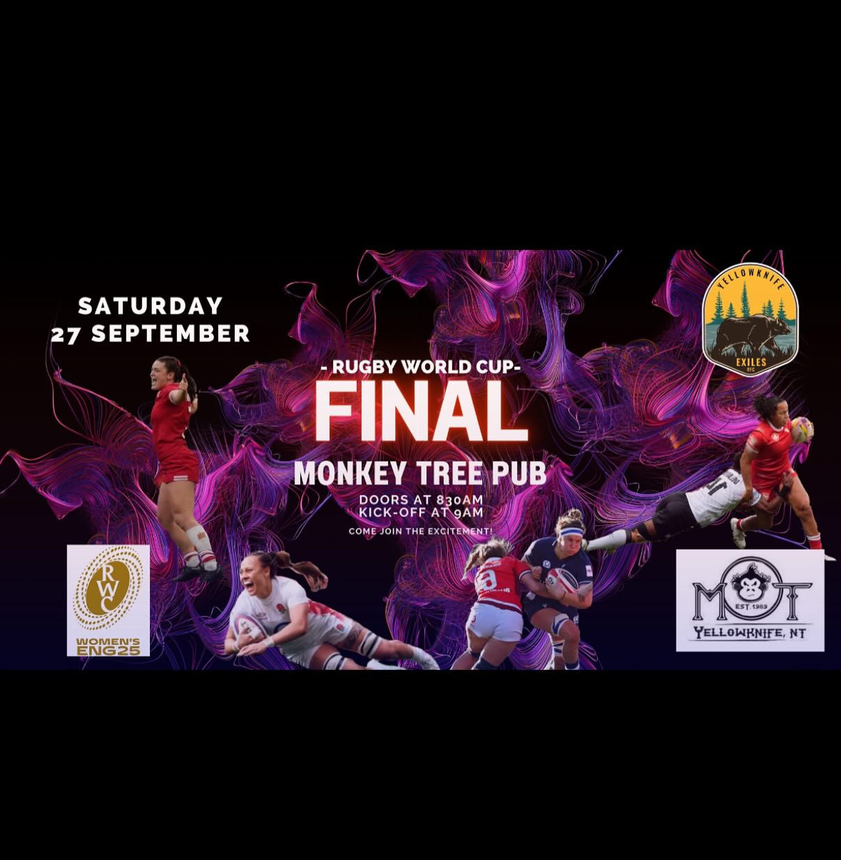 🏉Rugby fans & curious newbies — this one’s for you! 🏉
The women’s Rugby World Cup has been heating up over the past few months, and Canada is charging into the semifinals this Friday! 🔥🇨🇦
No matter who makes it to the final, the YK Exiles Rugby Club @ykexilesrfc is hosting a watch party for the FINAL on Saturday, the 27th at the Monkey Tree!
Doors open: 8:30 AM
Kick-off: 9:00 AM
Come cheer on world-class athletes, enjoy some morning rugby energy, and support women in sport! Whether you’re a seasoned fan or just rugby-curious, everyone’s welcome 💪💃🏉
#RugbyWorldCup #WomensRugby #YKExiles #SupportWomensSport #RugbyWatchParty #YellowknifeEvents