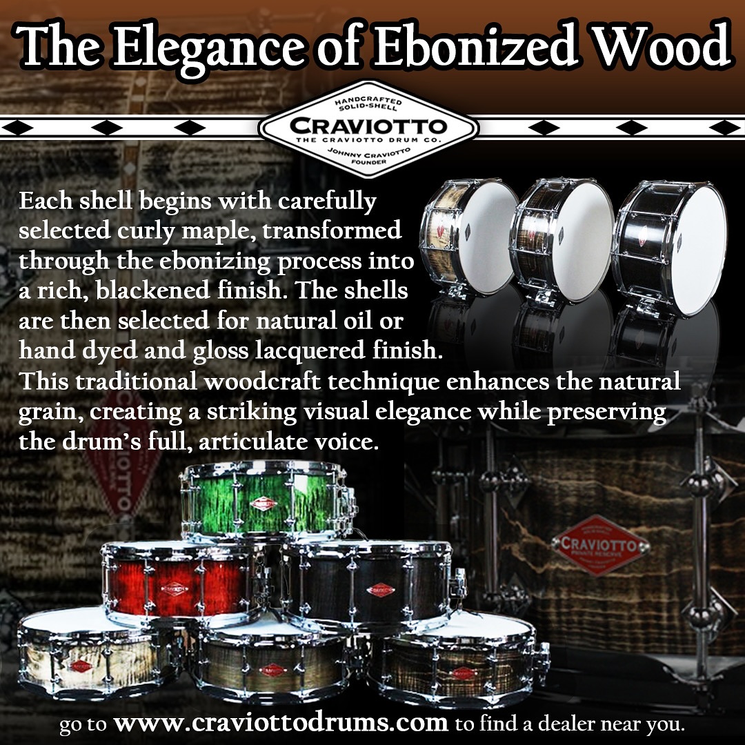 Introducing The Art of Ebonizing wood. Each shell begins with carefully selected curly maple, transformed through the ebonizing process into a rich, blackened finish. This traditional woodcraft technique enhances the natural grain, creating a striking visual elegance while preserving the drum’s full, articulate voice. All shells are ebonized in house by Craviotto Craftsman Walker Wooldridge.