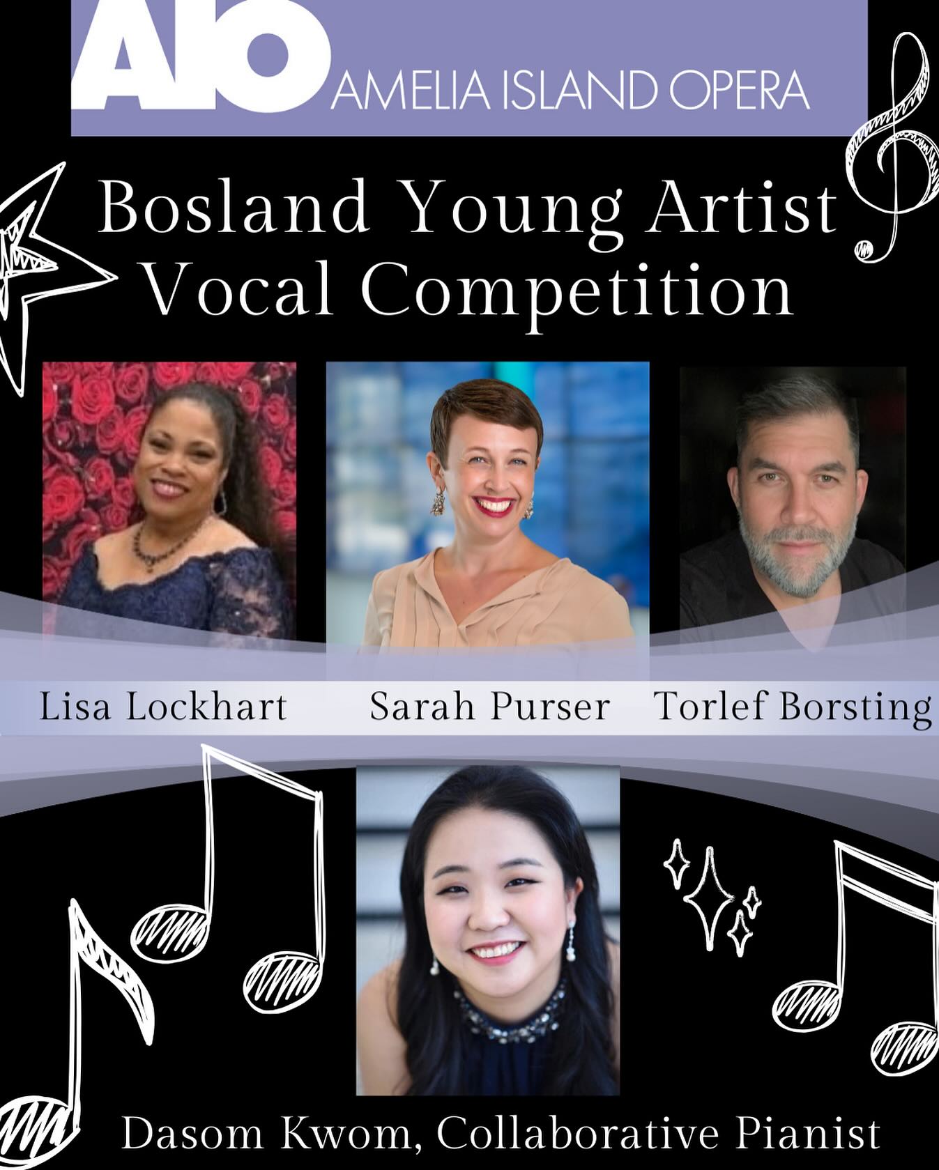 🎶 Bosland Young Artist Vocal Competition 🎶
We are thrilled to welcome our incredible panel and collaborative pianist for this year’s competition:
✨ Lisa Lockhart – @romanzafestivale
✨ Sarah Purser – @operaorlando
✨ Torlef Borsting – @first_coast_opera
✨ Dasom Kwon – Collaborative Pianist, Xavier University & Northern Kentucky University
Join us as these amazing artists share their expertise and passion for music with the next generation of singers! 🎤🎹
#BoslandYoungArtist #AmeliaIslandOpera #Opera #VocalCompetition #YoungArtists #ClassicalMusic