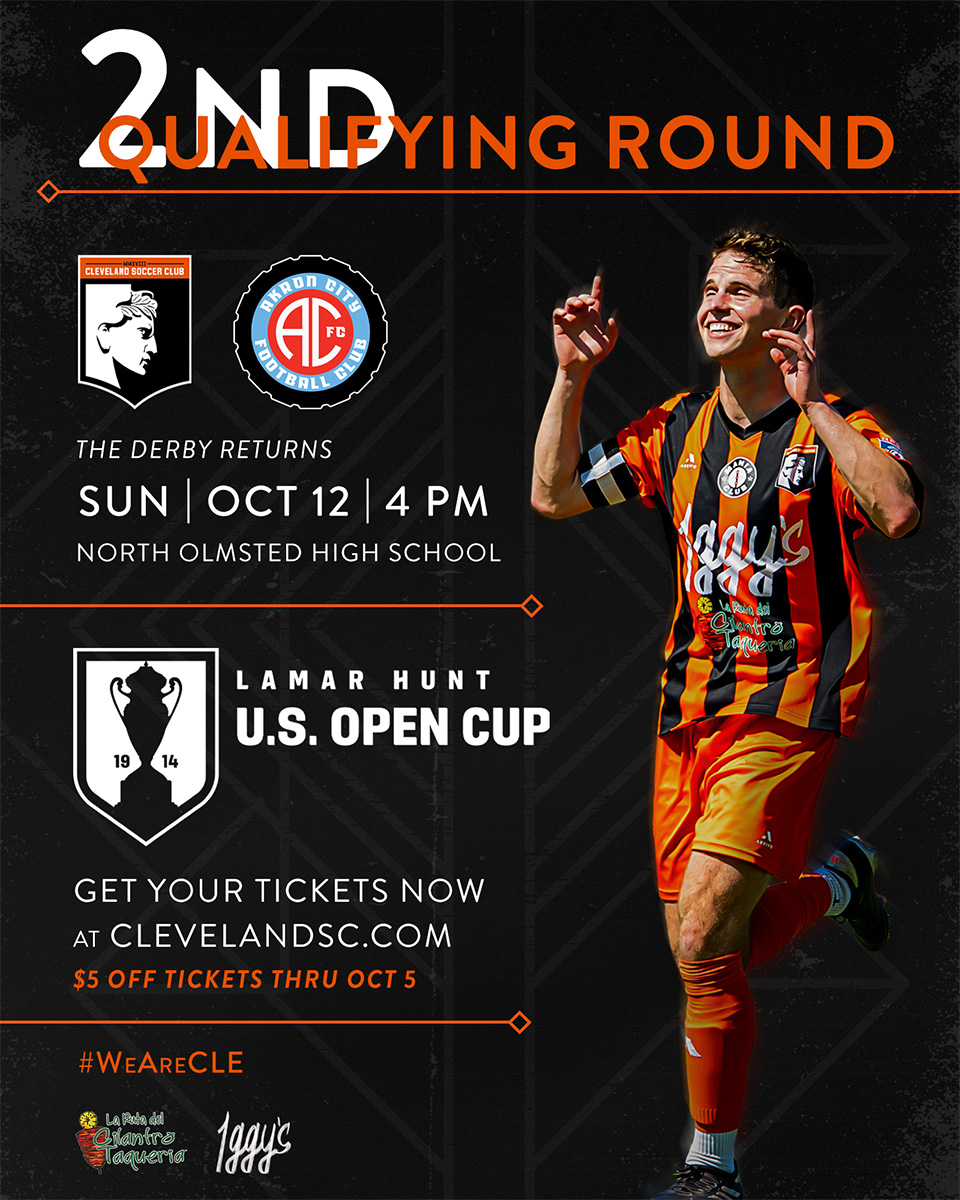 The Derby Returns 🔥
Cleveland SC vs Akron City FC in the U.S. Open Cup, Sunday, Oct. 12, at 4 PM at North Olmsted High School.
🎟️ Cup Run Special: Save $5 on tickets when you buy online by Oct. 5. Kids get in free!
Don’t miss the first Cup clash with Akron. 💪 #WeAreCLE
🔗 Read more & get your tickets at ClevelandSC.com