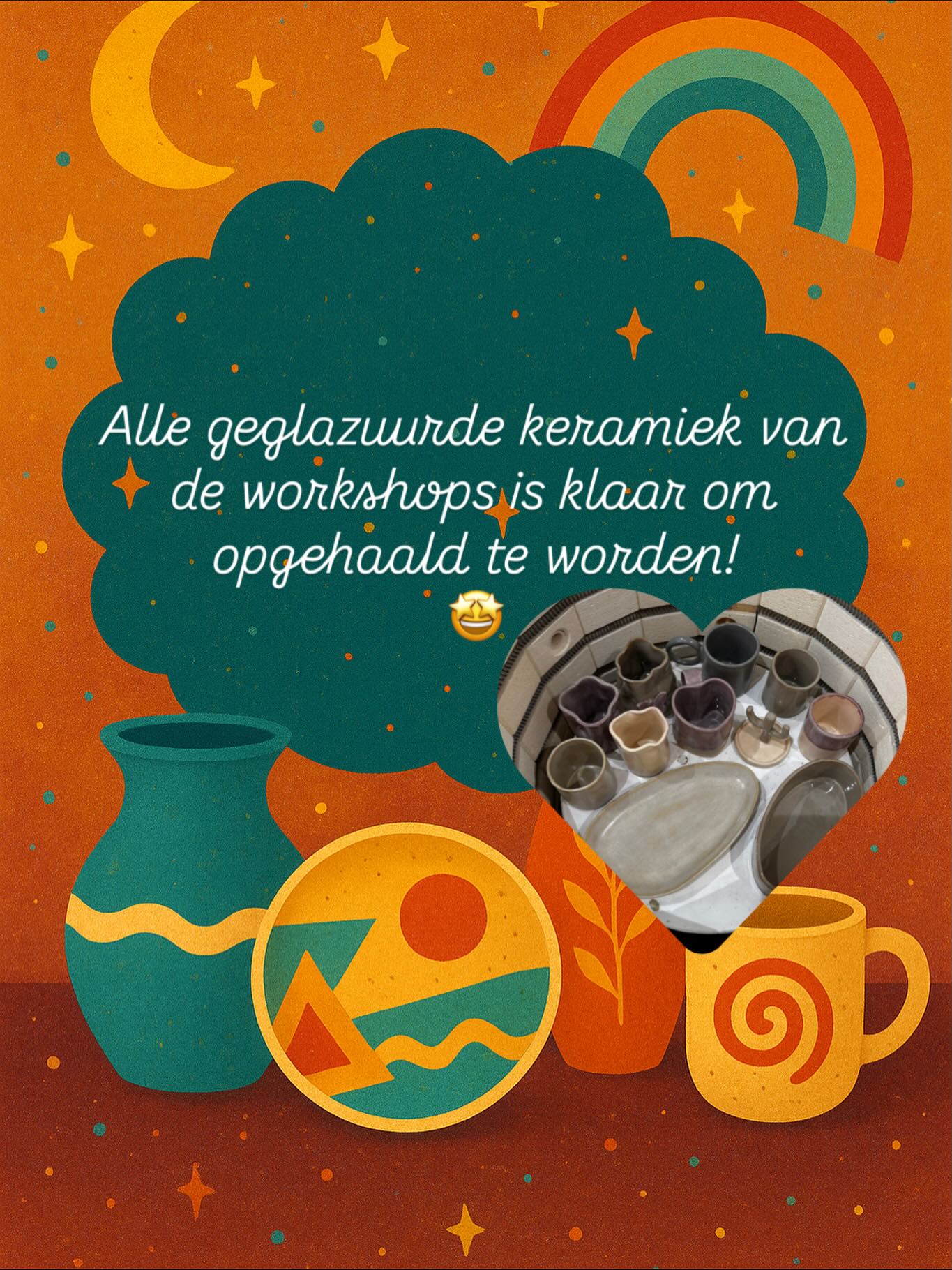 ALLE geglazuurde keramiek is nu klaar om opgehaald te worden 🤩 (met uitzondering van de potterypainting uit onze kast, voor deze stukken sturen we snel een berichtje naar de deelnemers 😉) Bekijk op de website onze agenda en kom langs tijdens 1 van onze volgende workshops om alles op te halen🙏 #benieuwdnaarhetresultaat