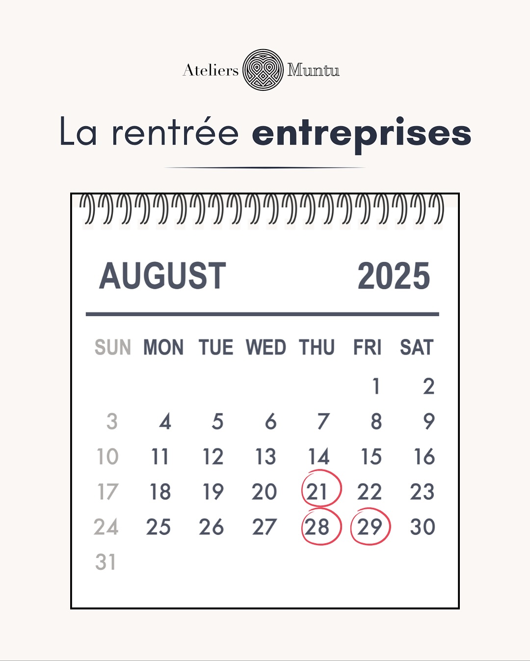 🗓️ La rentrée a sonné pour les Ateliers Muntu et pas seulement pour les sessions de groupe et les accompagnements personnels.
Depuis mi août, ce sont déjà 4 entreprises qui nous ont accordé leur confiance pour intervenir auprès de leurs équipes: psychologues, éducateurs en institution pénitentiaire, personnes souffrant de TCA et cadres d’entreprises.
Car c’est ça, la force de la Formation Humaine Intégrale : s’adapter à tous les profils pour répondre à chaque besoin de manière spécifique et ajustée par des outils simples et réutilisables au quotidien.
✨ Merci à ces entreprises et associations de nous avoir fait confiance pour guider leurs équipes et leurs prestataires vers un leadership de paix plus nécessaire que jamais.
www.muntu.ch