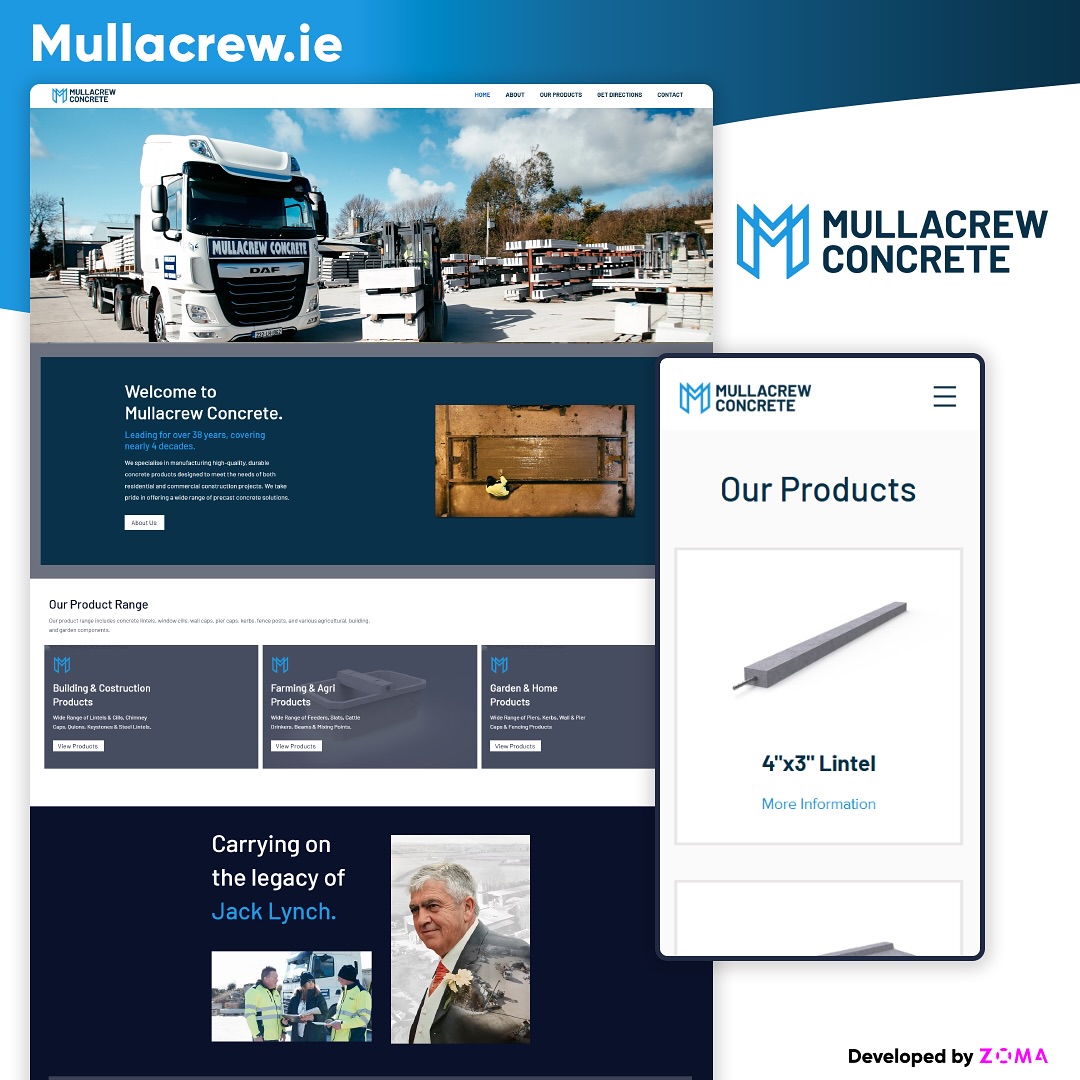 🏗️ Building Strength, Branding Confidence: Mullacrew Concrete
ZOMA was tasked with translating Mullacrew Concrete’s expertise into a cohesive and powerful brand identity.
We delivered a complete branding package: custom logo design, full brand identity, product sheet design, content creation, and a new website that showcases Mullacrew’s commitment to quality.
It was a pleasure working with Áine and the whole team, who continue to build the brand from the legacy of Jack Lynch.
Check out their new website here: www.mullacrew.ie