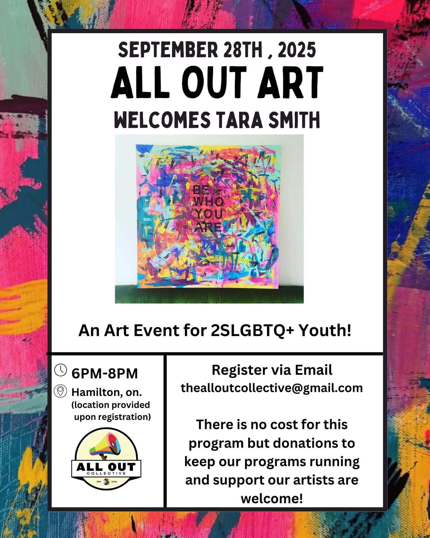 ALL OUT ART NIGHT!
Calling all 2slgbtq+ youth 11+! If you love art, you do not want to miss this free art night with the amazing Tara Smith! Check out her work @tarasmithartist and JOIN US for a night of mixed media & intuitive painting!
DM or email to register thealloutcollective@gmail.com
#2slgbtqia #communityiseverything #alloutart #queerart