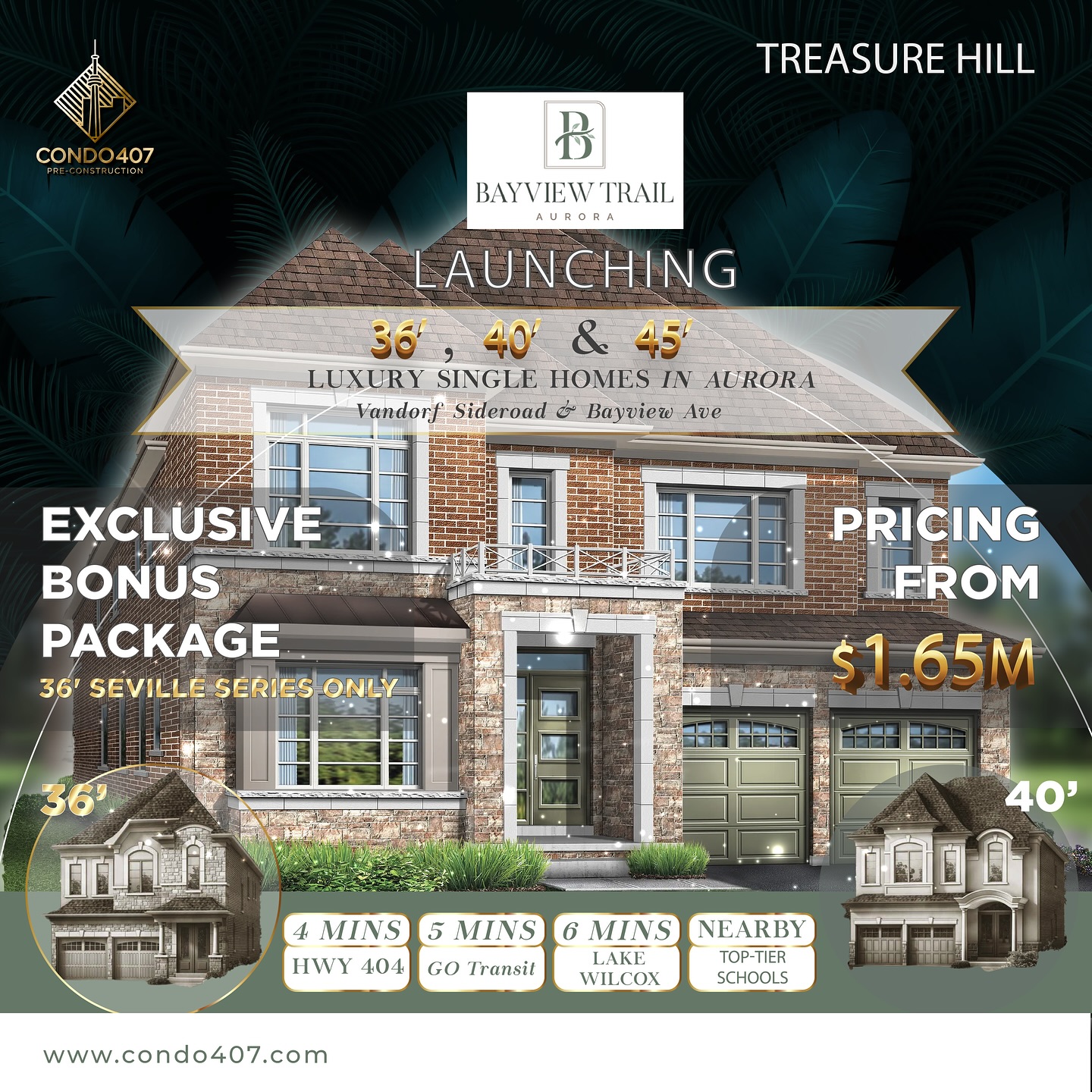 🏡 Bayview Trail – Luxury Estate Homes in Aurora by Starlane Homes | Now Selling!
📍 Vandorf Sideroad & Bayview Avenue, Aurora
💰 Starting from $1,649,900
🛣️ Located in Aurora’s prestigious residential corridor, close to Bayview Ave, Yonge St, Hwy 404 & Aurora GO Station – enjoy upscale living with seamless connectivity
💎 Limited-Time Exclusive Bonus Package – available only on select 36′ models!
🌟 Highlights at a Glance:
🏰 Spacious estate homes with 3-car garages – classic elegance and modern design
🌳 Steps to Ada Johnson Park, Lambert Wilson Park, Aurora Arboretum & David Tomlinson Nature Reserve
🏠 Premium finishes include: 10-ft ceilings on main, 9-ft on second, red oak hardwood throughout, frameless glass shower enclosures
🌞 Oversized windows for abundant natural light, with luxurious master suites for quiet comfort
👨👩👧👦 Multiple floor plans to suit families of all sizes – perfect for both entertaining and peaceful suburban living
🏗️ Built by Starlane Homes – a trusted GTA builder with decades of homebuilding excellence
📢 Register now for VIP access & secure your preferred lot and incentives!
📩 CONTACT ME NOW TO LEARN MORE:
☎️ 416.856.1997
☎️ 416.879.6118
📧 info@condo407.com
🌐 www.condo407.com
#treasurehillhomes #avisionhome #toronto #toronto #richmondhill #scarborough #markham #torontorealestate #torontorealestateagent #aurora