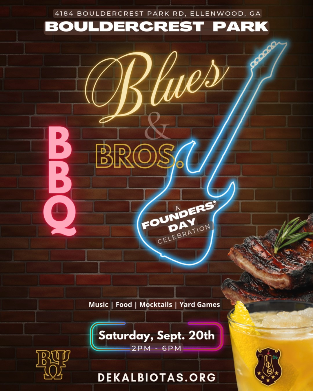 Barbecue Blues & Bros. on Bouldercrest – A Founders’ Day Celebration
Join us on Saturday, September 20th, at 2PM for food, music, and fellowship.
(Bouldercrest Park: 4184 Bouldercrest Park Rd. Ellenwood, GA )
#DeKalbIotas | #BPOLeadsTheWay | #IPT1963 | #BBQBluesAndBros | #FoundersDay