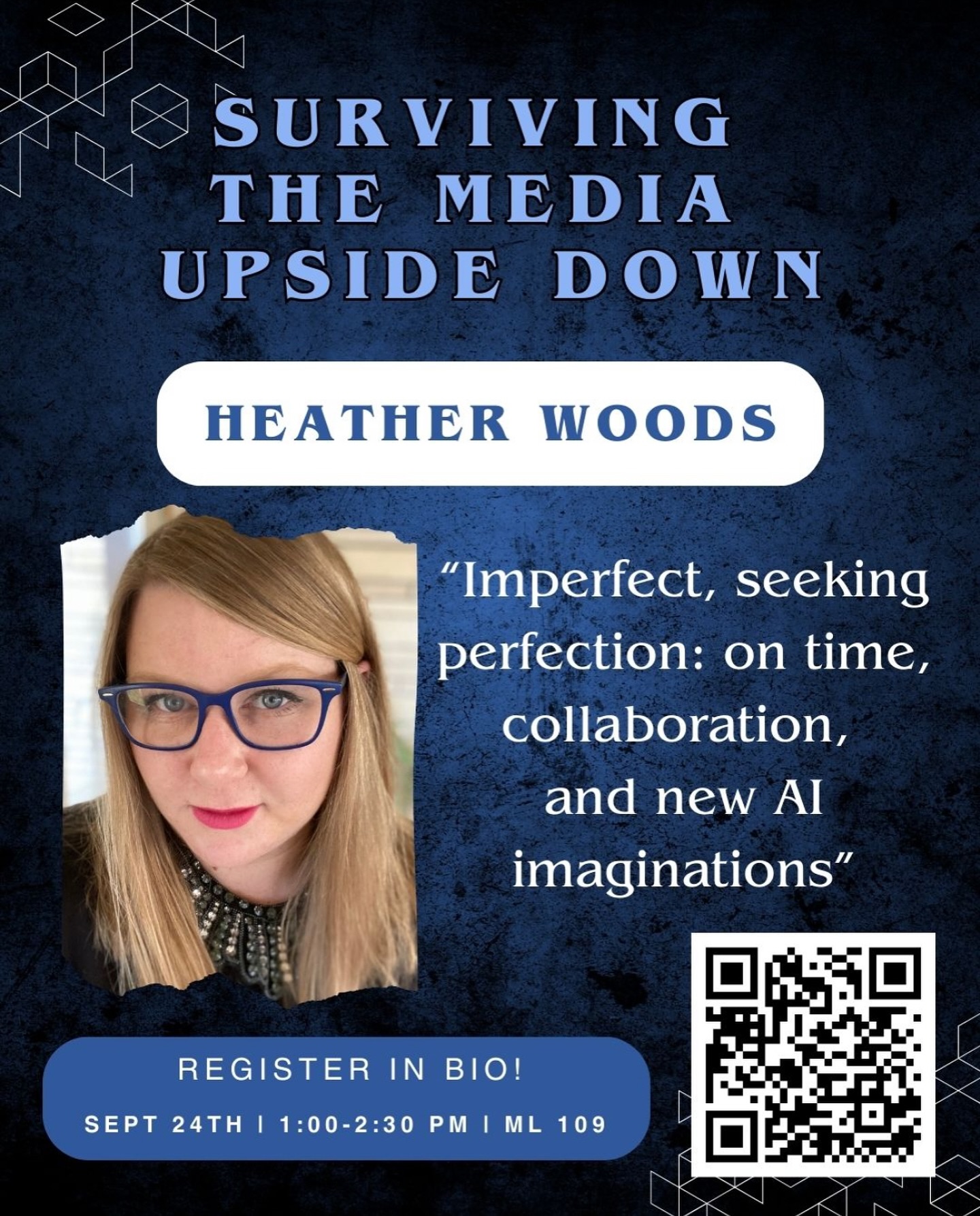 Join us a week from today for the first instalment of our “Surviving the Media Upside Down” speaker series, with guest Heather Woods! This talk is entitled Imperfect, seeking perfection: on time, collaboration, and new AI imaginations. Find more info and register to attend at the link in our bio!
Date: Wednesday September 24th, 2025 (1:00pm - 2:30pm)
Location: Modern Languages 109