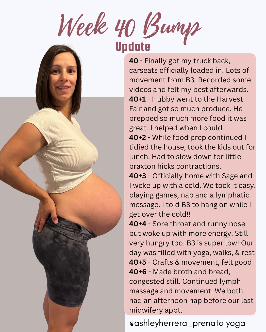Week 40 bump update🤰🏻✨
This week we finished up some extra food prep including squeezing in making broth yesterday. Since it’s low and slow it’s an easy thing to make without much effort.
I caught a cold from the kids and have been doing my neti pot and lymphatic massage multiple times a day to help recover as quickly as possible. When I had Sage last time we were so sick and the sneezing and coughing was so hard on my core postpartum. So I’ll do anything to avoid that again!
This was my first week with Sage out of child care and even though I was sick he seemed to enjoy the time together. We even had a couple naps together whereas at dayhome he’d refuse to sleep despite being exhausted.
B3 is sitting super low and my belly band barely fits. They have been moving around lots and staying cozy. I have been doing lots of yoga, short walks, and a little bit of adductor and abductor strengthening just to stay comfortable and strong to keep up with the kids.
We closed off week 40 with our last midwifery appointment, the entire family got to join! We discussed our plans until 41 +3 as I opted out of the 41 week ultrasound scan.
When I was pregnant with Avery I had a 41 week scan and they detected a possible issue it spiralled and turned everything upside down which later turned out to be ‘nothing’. It was traumatic since I have a great relationship with my midwife she knew this would be a sensitive time. So I opted to do formal fetal kick counting until 41+3 and then I will have a scan (if no baby yet). I like this option to intentionally connect with B3 throughout the day.
Since past predictions have past the kids have new ones including 1000 more days! 😬 and arrival in Fall 🍂
One thing is true our baby will arrive! 💗
#40WeeksPregnant #BumpUpdate #PregnancyJourney #SelfCareForMoms #GrowingBaby #HonestMotherhood #PregnancyLife #TakingCareOfMe #PrenatalSupport #momlife #prenatalyoga #AshleyHerreraYoga #BabyNumber3 #thirdtrimester #thirdtrimesterprep #pregnancydiscomfort #pregnancyyoga #birthprep #maternityleave #growingbaby #pregnancycommunity #thirdpregnancy