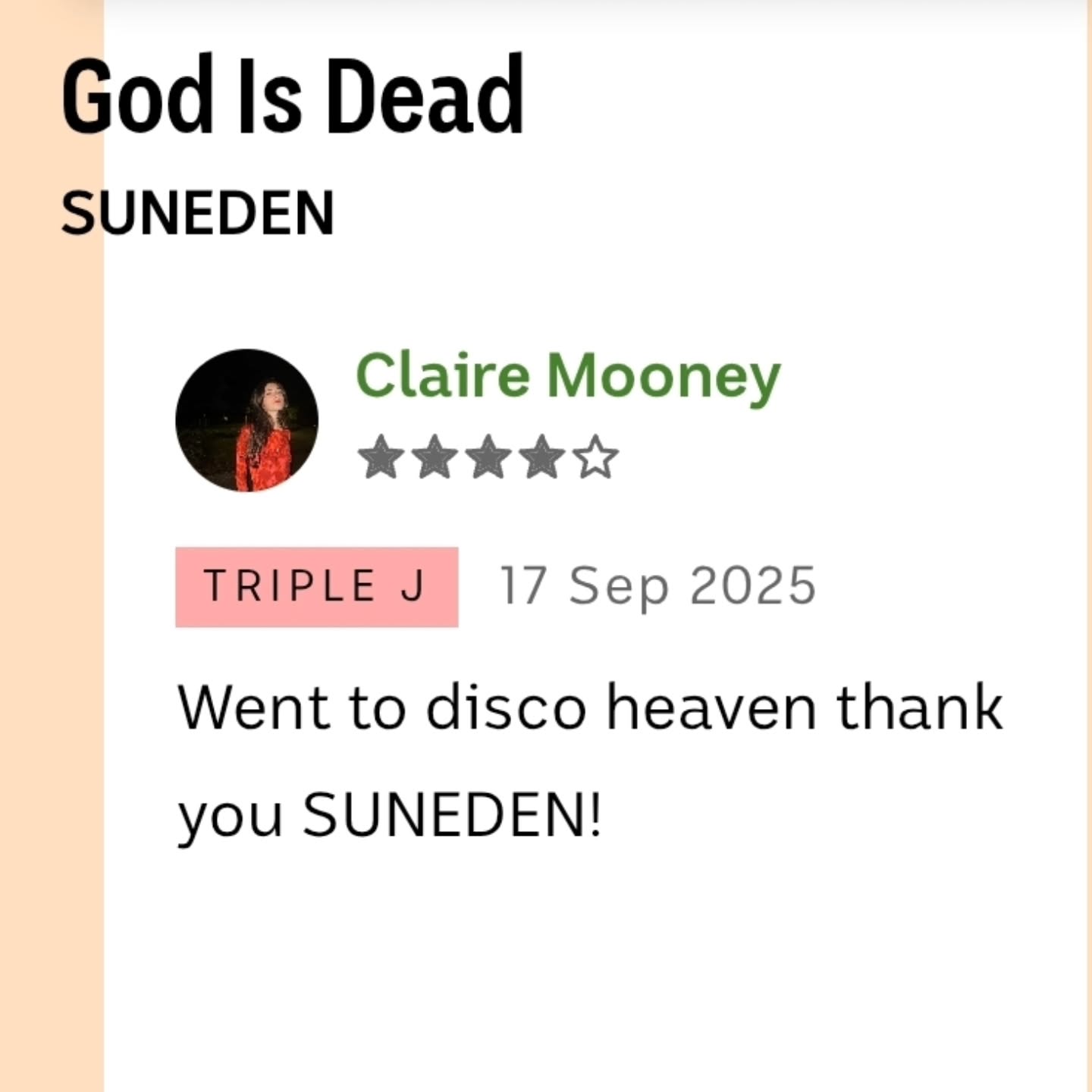Thanks @_clairemooney for the @sunedenmusic love! What a tune 'ey!
#triplej #unearthed #review #triplejunearthed