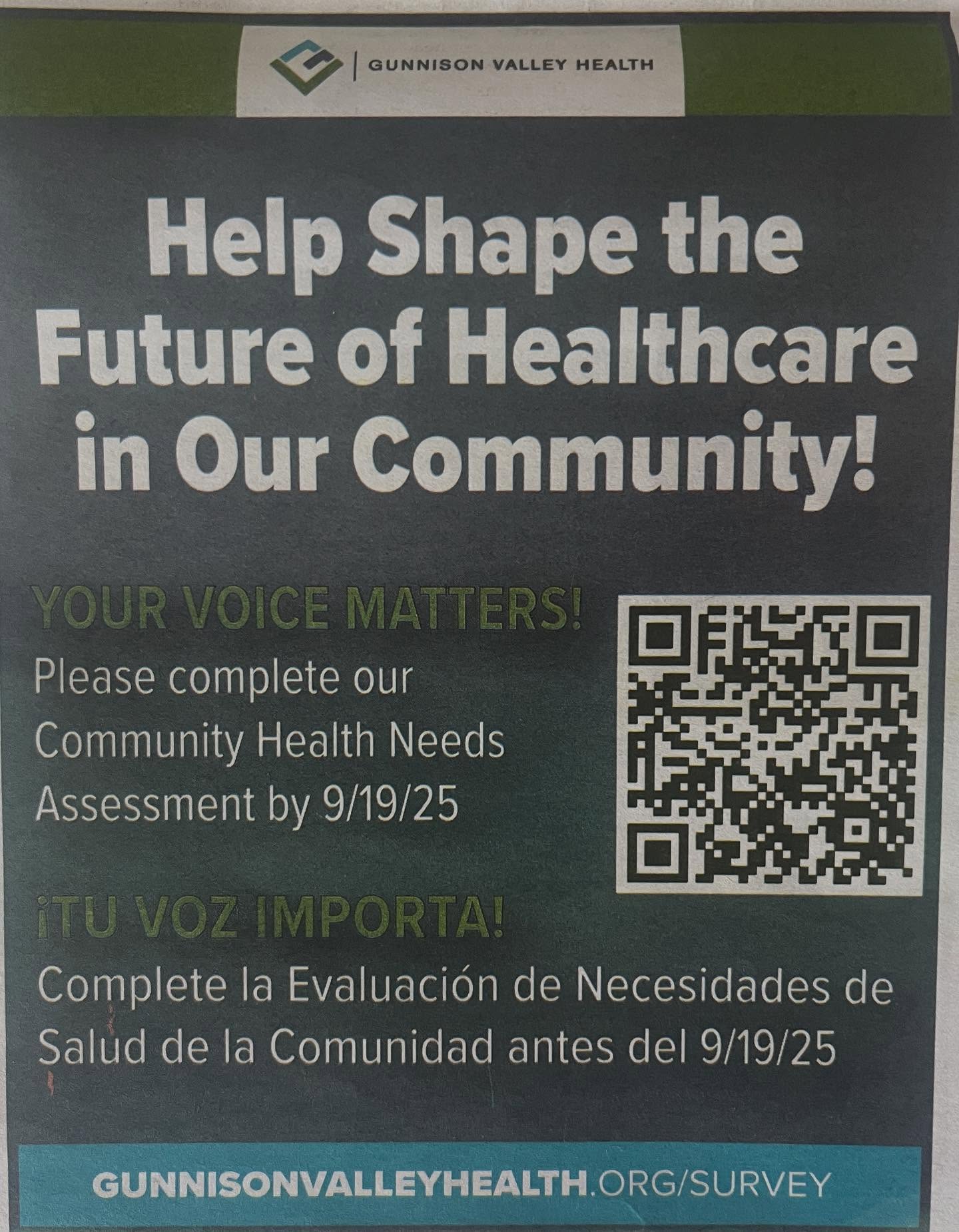 GVH is doing their Community Health Needs Assessment. They use your input to drive their priorities for care. Past Needs Assessments have led to the offering of l Behavioral Health services (think, counseling, substance use treatment) and Dermatology services. Please share with them your priorities and needs!
https://www.gunnisonvalleyhealth.org/survey/