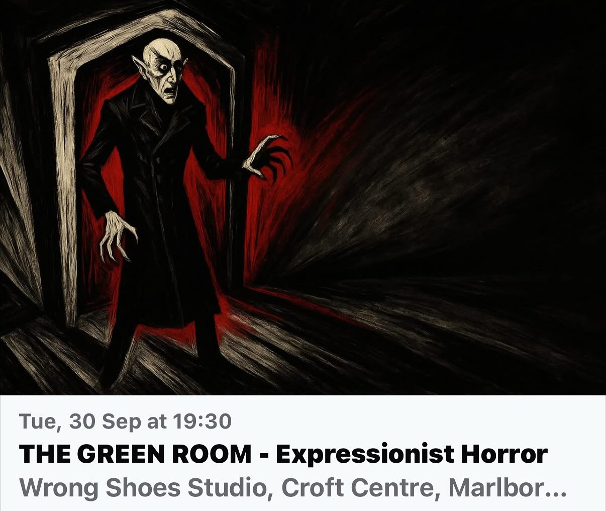 September’s themed Green Room session will focus on expressionist horror performance. This will be followed by Dark Storytelling throughout October’s weekly sessions.
You must be a Green Room member to attend. Find out more about monthly membership via link in bio!