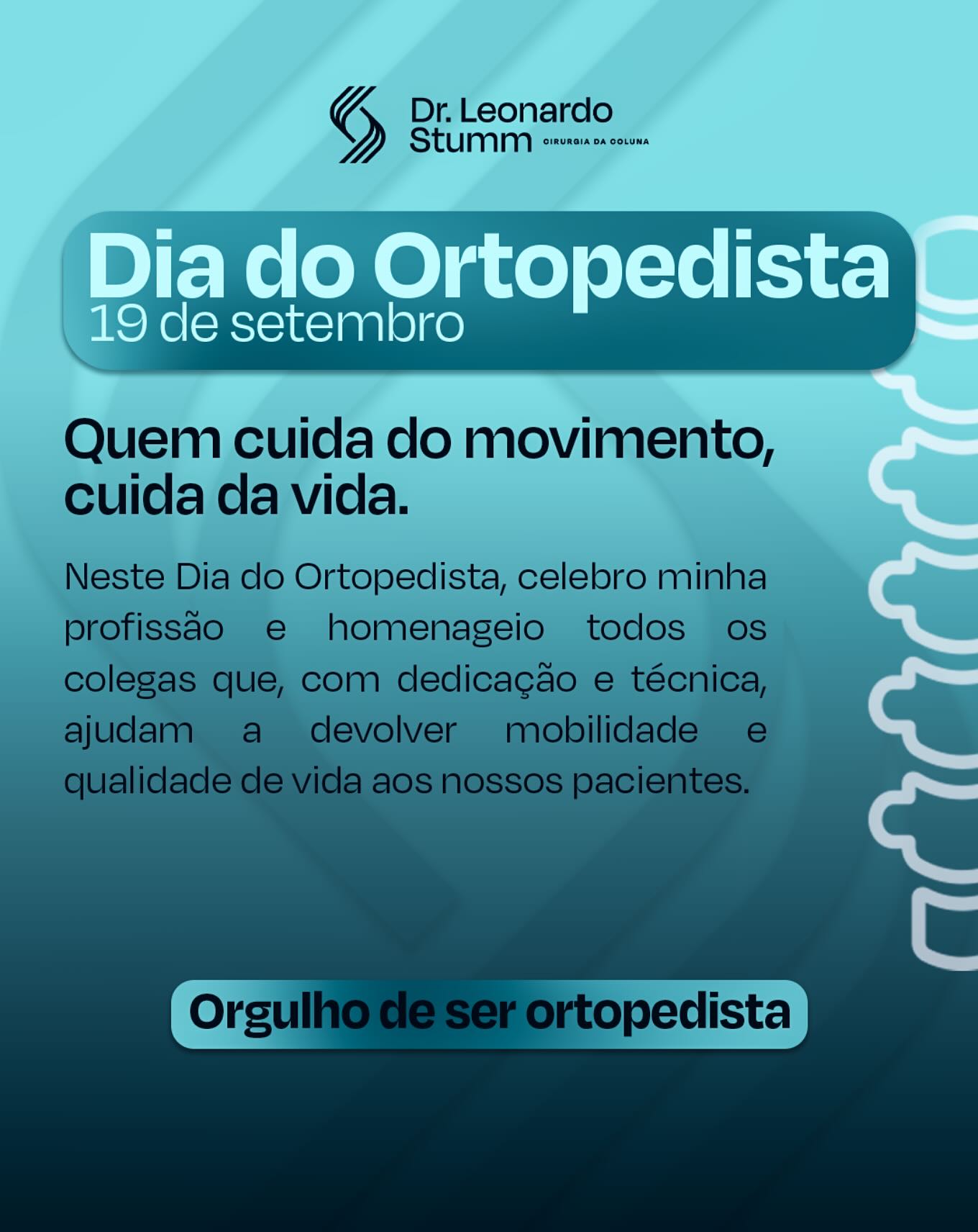 Hoje celebramos o Dia do Ortopedista🦴 – uma data para lembrar que cuidar do movimento é cuidar da vida.
Como ortopedista, tenho o privilégio de ajudar meus pacientes a recuperar sua mobilidade, aliviar dores e reconquistar qualidade de vida.
Ser ortopedista é unir ciência, técnica e empatia para devolver às pessoas a liberdade de se mover, trabalhar, praticar esportes e viver plenamente. É enfrentar desafios diários, estudar constantemente e celebrar cada vitória ao lado de quem confia no nosso trabalho.
A todos os colegas ortopedistas, meu respeito e admiração. Continuemos firmes na missão de transformar vidas através do movimento!
#DiaDoOrtopedista #Ortopedia #Saúde #Mobilidade #QualidadeDeVida #OrgulhoDeSerOrtopedista