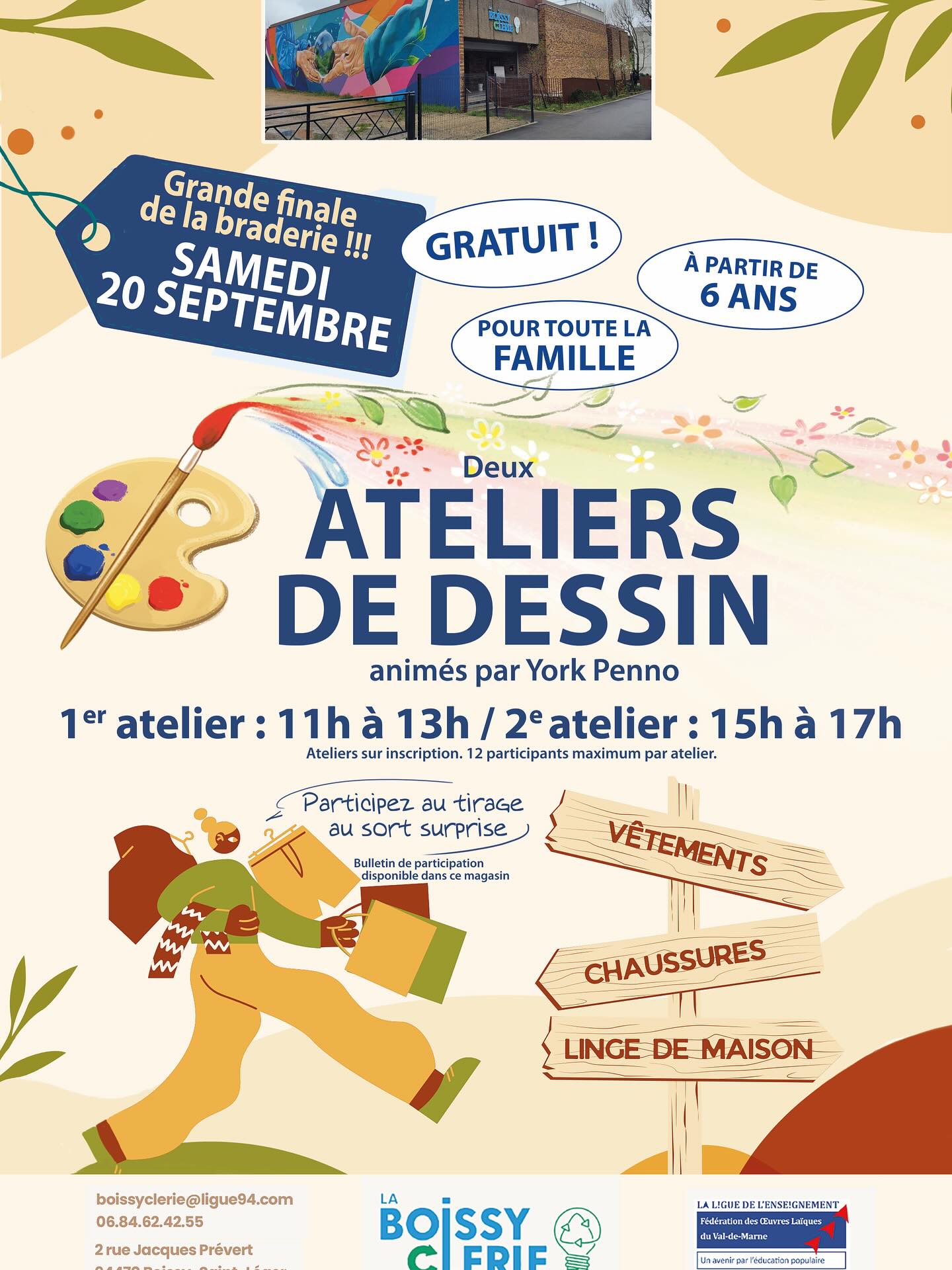 Demain, dernière journée de la braderie de La Boissyclerie : 1 article acheté = 1 article offert 🎊
Ateliers de dessin gratuits animés par l'illustrateur York Penno.
1er atelier de 11h à 13h et 2e atelier de 15h à 17h
✨ Ateliers ouverts à tous dès 6ans, places limitées !
Grand tirage au sort à 17h avec des bandes dessinées 📚 et des articles de la boutique 🛍️ à gagner !