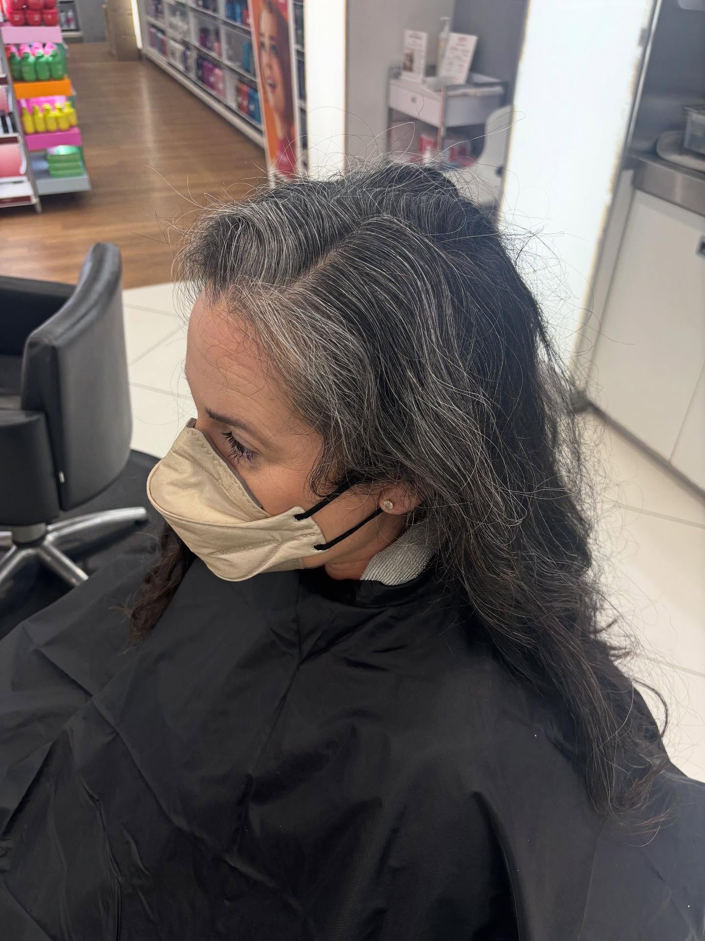 Session 1 of 2 for Emily and Grey blending! Women can rock salt and pepper too! Interested in embracing the grey? Let’s get you booked! #ultasalon #grandrapidshairstyling #kentwoodhairstylist #greyblending