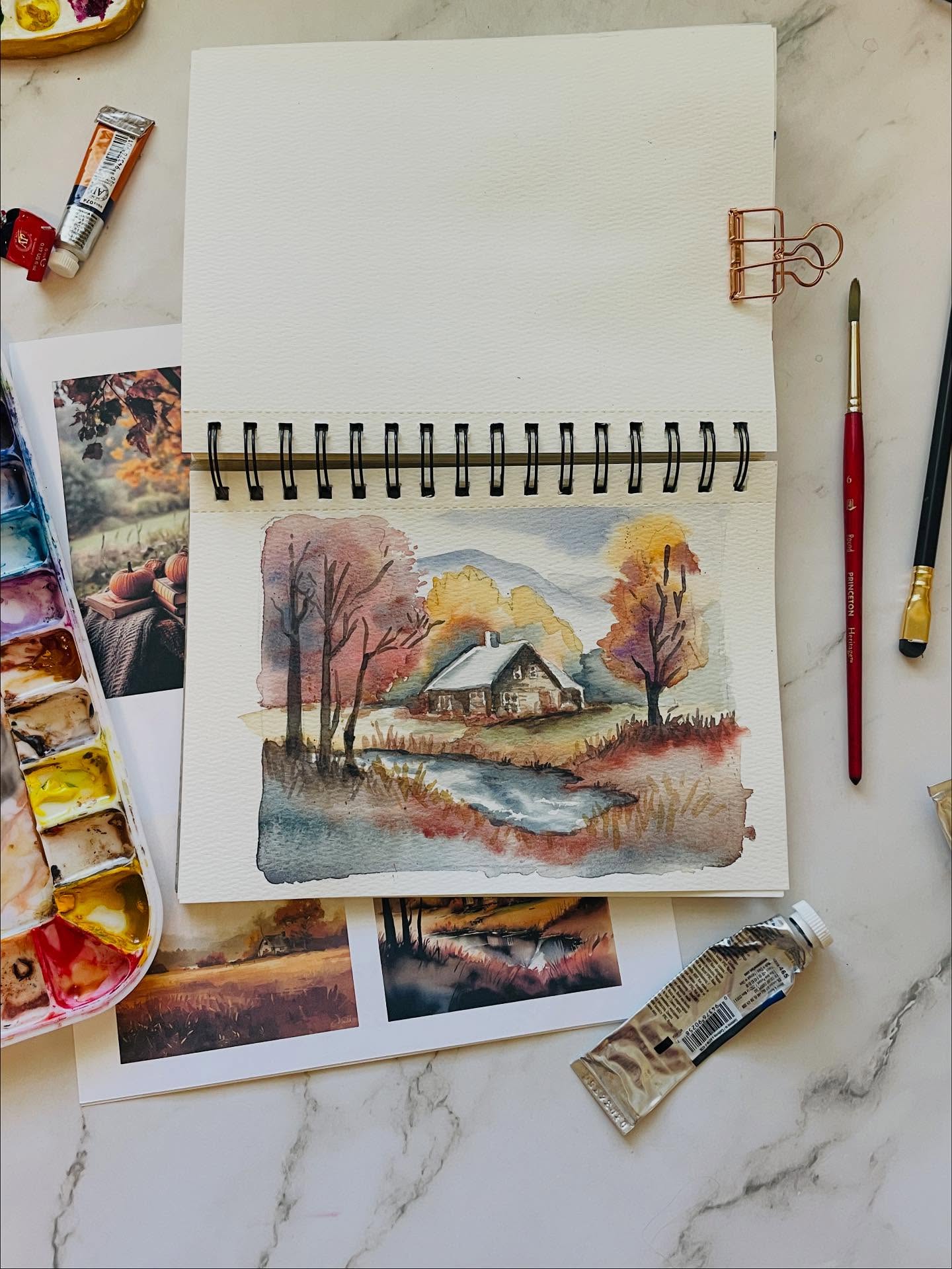 Gearing up for a fun fall watercolor class. I’ve been searching for reference images that have all the colors that you might imagine when dreaming up a “fall scene”.
This one was moody and dark which I found fun to paint. I mostly used the wet-into wet technique and then added the final details when dry.
I’ve got another fun yellowy autumn scene that I’ll share soon that I also really liked. We will see which ones make the cut for my class.
Do you like how dark this is??
#watercolorsketch #watercolorsketchbook #watercolorillustration #watercolorlandscape #landaruenartshop #landaruenart