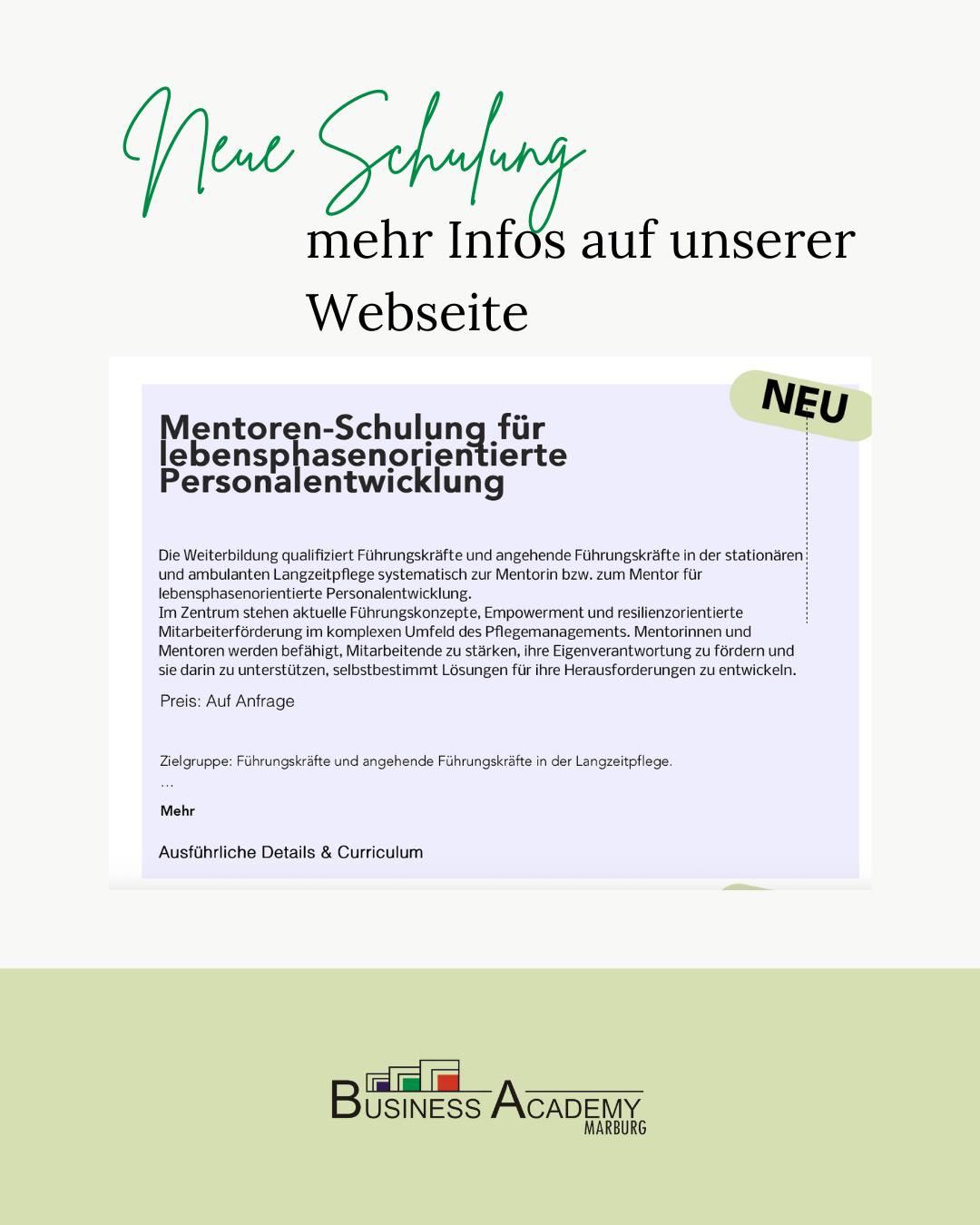 Unsere neue Mentoren-Schulung für lebensphasenorientierte Personalentwicklung qualifiziert Führungskräfte und angehende Führungskräfte im Gesundheits- und Sozialwesen für zentrale Aufgaben moderner Personalentwicklung. Schwerpunkte sind die Begleitung von Mitarbeitenden in unterschiedlichen Lebensphasen sowie die Förderung von Resilienz und Empowerment.
Die berufsbegleitende Weiterbildung schließt mit dem Zertifikat Mentor:in für lebensphasenorientierte Personalentwicklung ab. Der Abschluss ist so konzipiert, dass eine spätere Anerkennung als Certificate of Basic Studies (CBS) an einer Hochschule möglich ist.
Die Maßnahme ist nach AZAV zugelassen, durch die DEKRA Certification GmbH zertifiziert und kann mit einem Bildungsgutschein der Agentur für Arbeit gefördert werden.
Weitere Details und Anmeldung:
https://www.academy-marburg.de/seminare
https://mein-now.de/
#schulung #pflege #führungskräfte #empowerment #seminare #marburg #krankenhaus #personalentwicklung