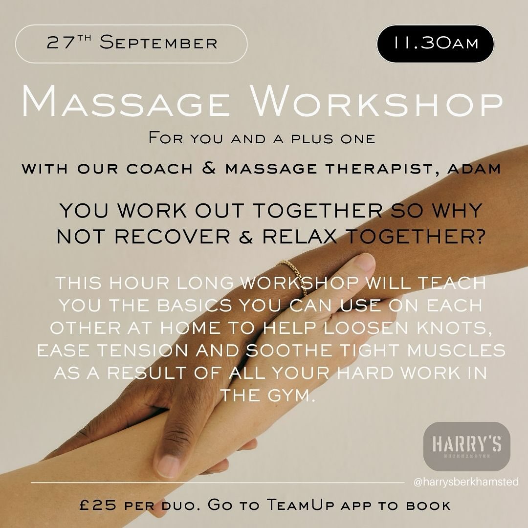 Open to members and non-members, this workshop run by our resident coach and massage therapist, Adam will teach you the basic massage skills of how to ease knots and tension caused by your workouts.
A great way to connect with your plus one, whether it’s your gym buddy or other half, you’ll learn something new, have a laugh and leave feeling calm, relaxed and ready for the rest of your weekend.
£25 per duo, go to the teamup app to book.