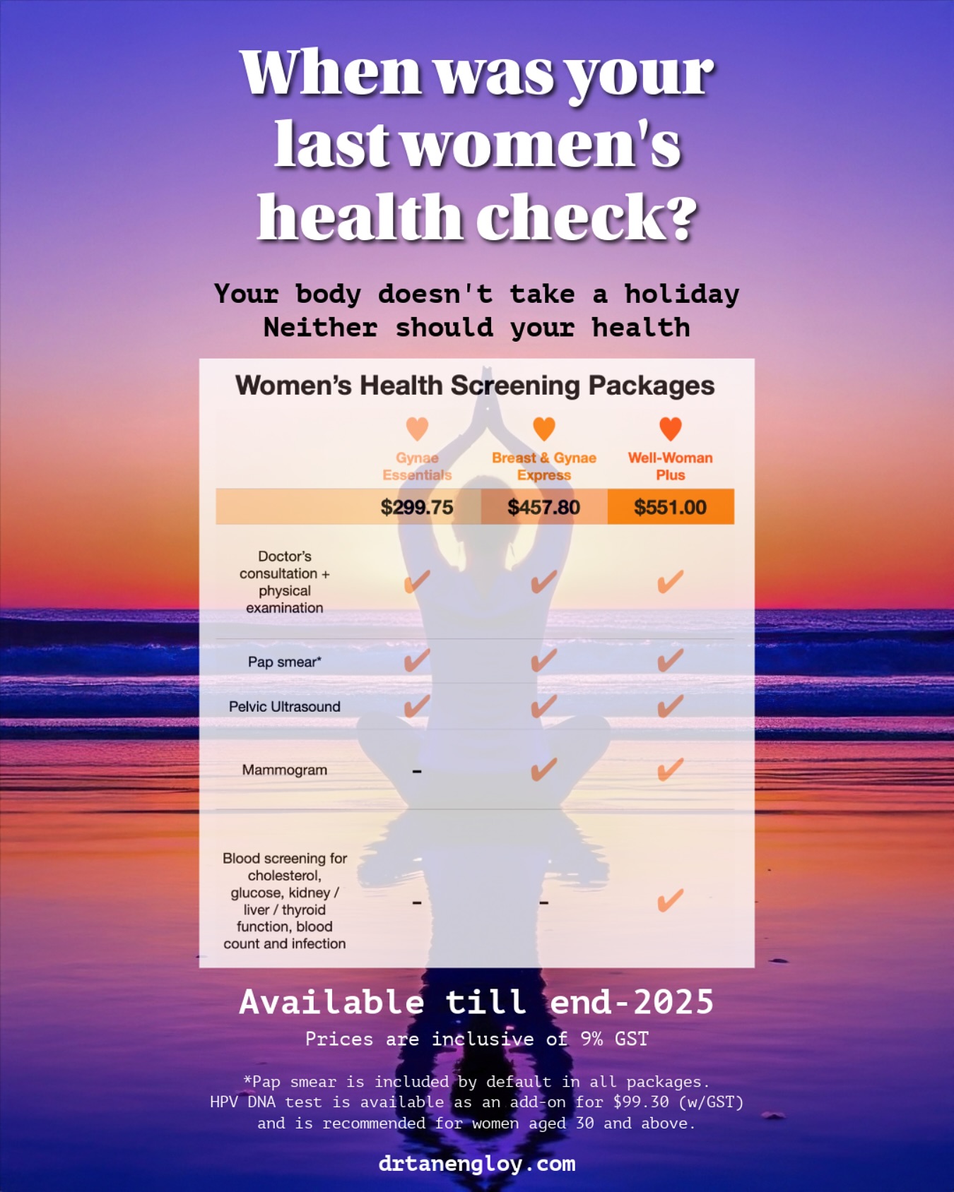 ✨ A gentle reminder before the year ends: take care of you.
If you’ve been putting off that gynae check, now might be the time. Regular screenings like Pap smears, pelvic ultrasounds, and mammograms aren’t just routine — they help catch changes early, often before symptoms appear.
🧬 Pap smears can pick up pre-cancerous changes in the cervix, often years before they become dangerous.
🔍 Pelvic ultrasounds give a clear picture of the uterus and ovaries, helping detect cysts, fibroids, and other hidden issues.
🎗️ Mammograms can detect tiny breast lumps you may not even feel.
We’ve streamlined our screening packages to make it easier for women of all ages to stay on top of their health — whether you’re starting your first check-up, or due for an update.
📍Available now till end 2025
📌 Prices include GST and may be revised in the future
🔗 Links in bio
Come in for peace of mind.
Because your wellbeing deserves a place on your to-do list too.
#womenshealth #gynaescreening #pelvicultrasound #papsmear #mammogram #preventivehealth #wellwomanscreening #healthcheck #singaporewomen #yearendcheckup