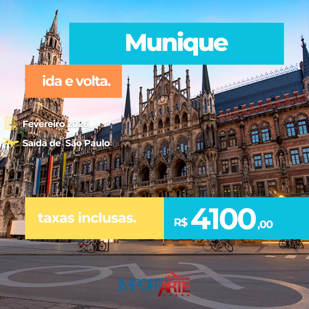 🍻 Descubra Munique, a charmosa cidade alemã que combina tradição, cultura e modernidade!
📍 Saída de São Paulo
📅 Fevereiro/2026
✈️ Ida e volta com taxas inclusas
💰 Apenas R$ 4.100,00
Garanta já sua passagem e viva experiências inesquecíveis na Alemanha!
➡ Fale conosco e reserve sua viagem.