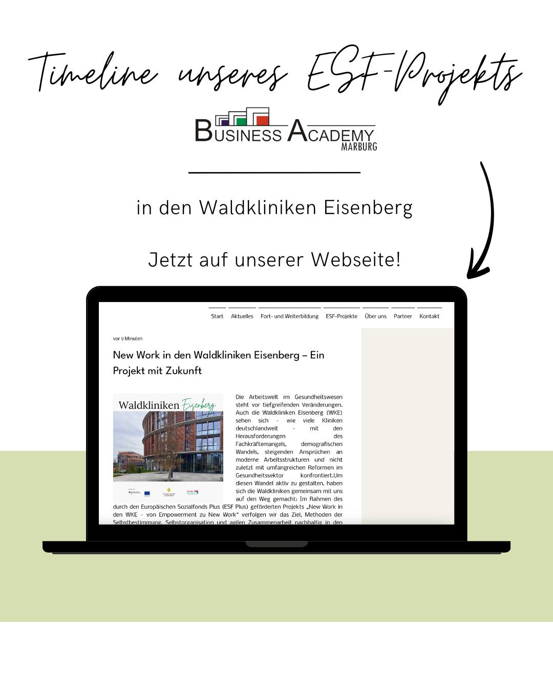 Jetzt neu auf unserer Webseite: Die Timeline zu unserem ESF-Projekt New Work in den Waldkliniken Eisenberg
Die Arbeitswelt im Gesundheitswesen verändert sich – und die WKE gestalten diesen Wandel aktiv mit. Seit 2023 wird im Rahmen des ESF-Plus-Projekts „Von Empowerment zu New Work“ Schritt für Schritt eine neue Arbeitskultur aufgebaut: selbstbestimmt, agil und kooperativ.
✅ Über 550 Mitarbeitende geschult
✅ Mentor:innen-Programme gestartet
✅ Austauschformate wie World Cafés etabliert
Das Ergebnis: Selbstorganisation, Zusammenarbeit und Verantwortung werden im Klinikalltag gelebt. 💡
👉 Mehr über die Meilensteine des Projekts erfährst du im aktuellen Blogbeitrag.
https://www.academy-marburg.de/post/new-work-in-den-waldkliniken-eisenberg-ein-projekt-mit-zukunft
Das Projekt „New Work in den WKE – von Empowerment zu New Work“ wird im Rahmen des Programms „Wandel der Arbeit sozialpartnerschaftlich gestalten:
weiter bilden und Gleichstellung fördern““ durch das Bundesministerium für Arbeit und Soziales und die Europäische Union über den Europäischen Sozialfonds Plus (ESF Plus) gefördert.
#pflege #krankenhaus #pflegeberufe #weiterbildung #businessacademymarburg #wandelderarbeit #europaeischer_sozialfonds #europaeischersozialfonds #esf #europaeischersozialfondsplus #esfplus
#newwork #gesundheitswesen #zukunftgestalten