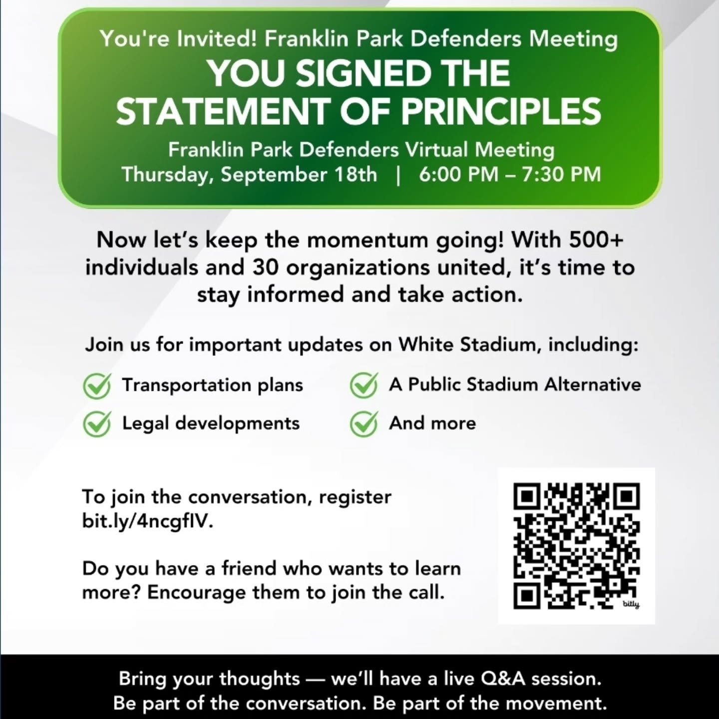 At 6:00PM, the Franklin Park Defenders are hosting a virtual community meeting over Zoom to share updates on their advocacy, transportation plans, a public stadium alternative, and more.
You won’t want to miss this - click here to register ahead of the meeting!